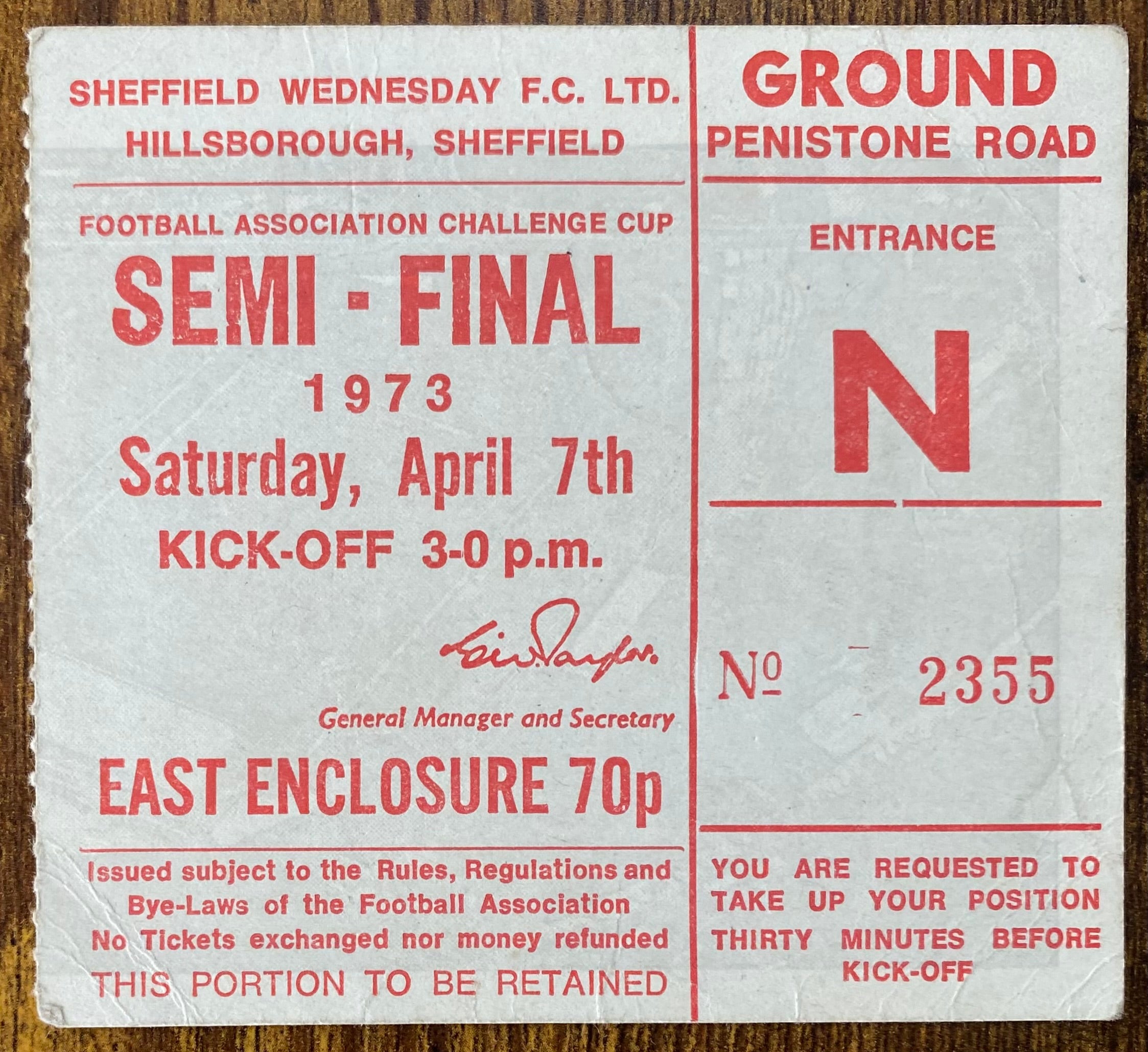 1973 ORIGINAL FA CUP SEMI FINAL TICKET SUNDERLAND V ARSENAL @ HILLSBOROUGH