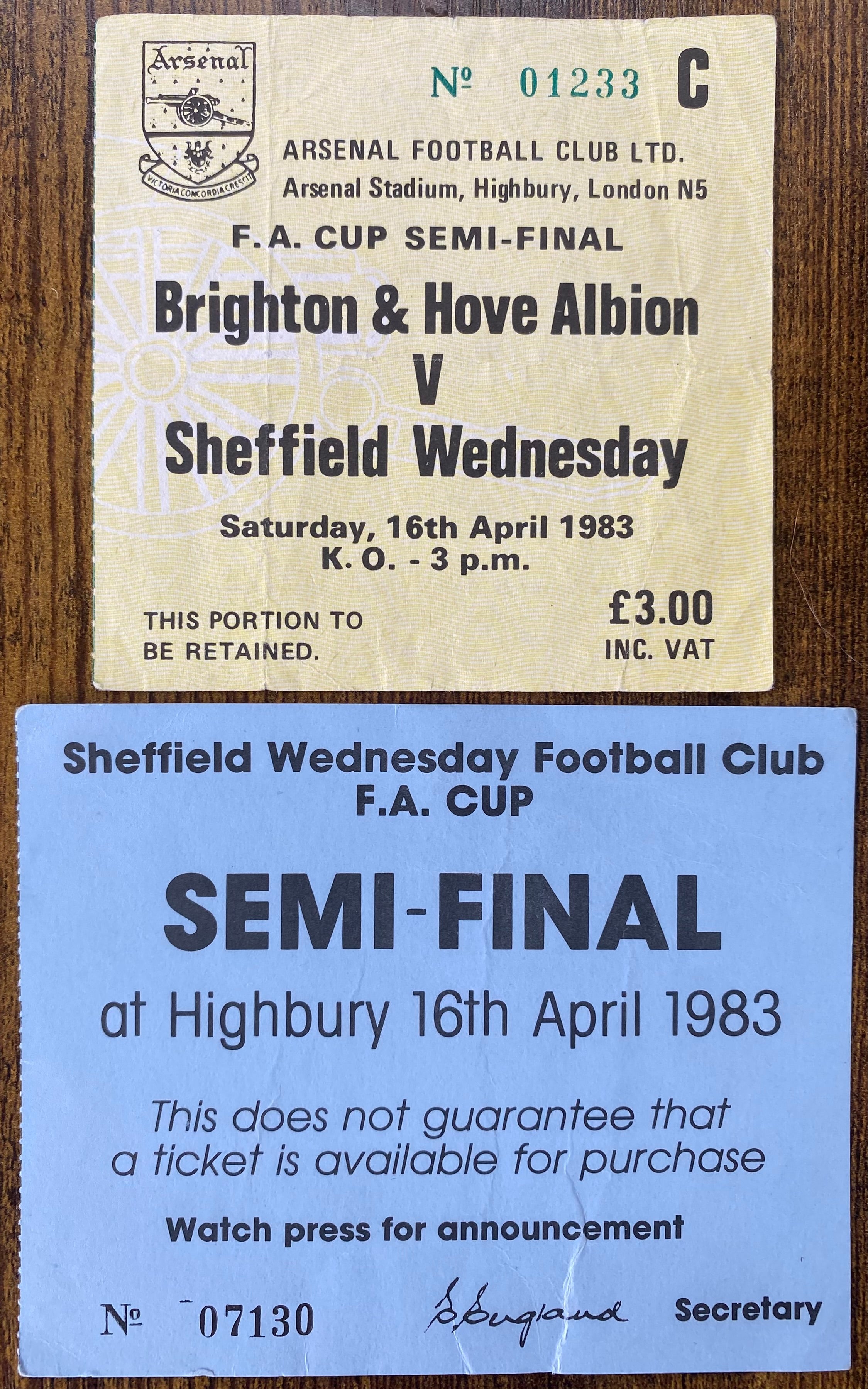 1983 ORIGINAL FA CUP SEMI FINAL TICKET AND VOUCHER BRIGHTON AND HOVE ALBION V SHEFFIELD WEDNESDAY @ HIGHBURY