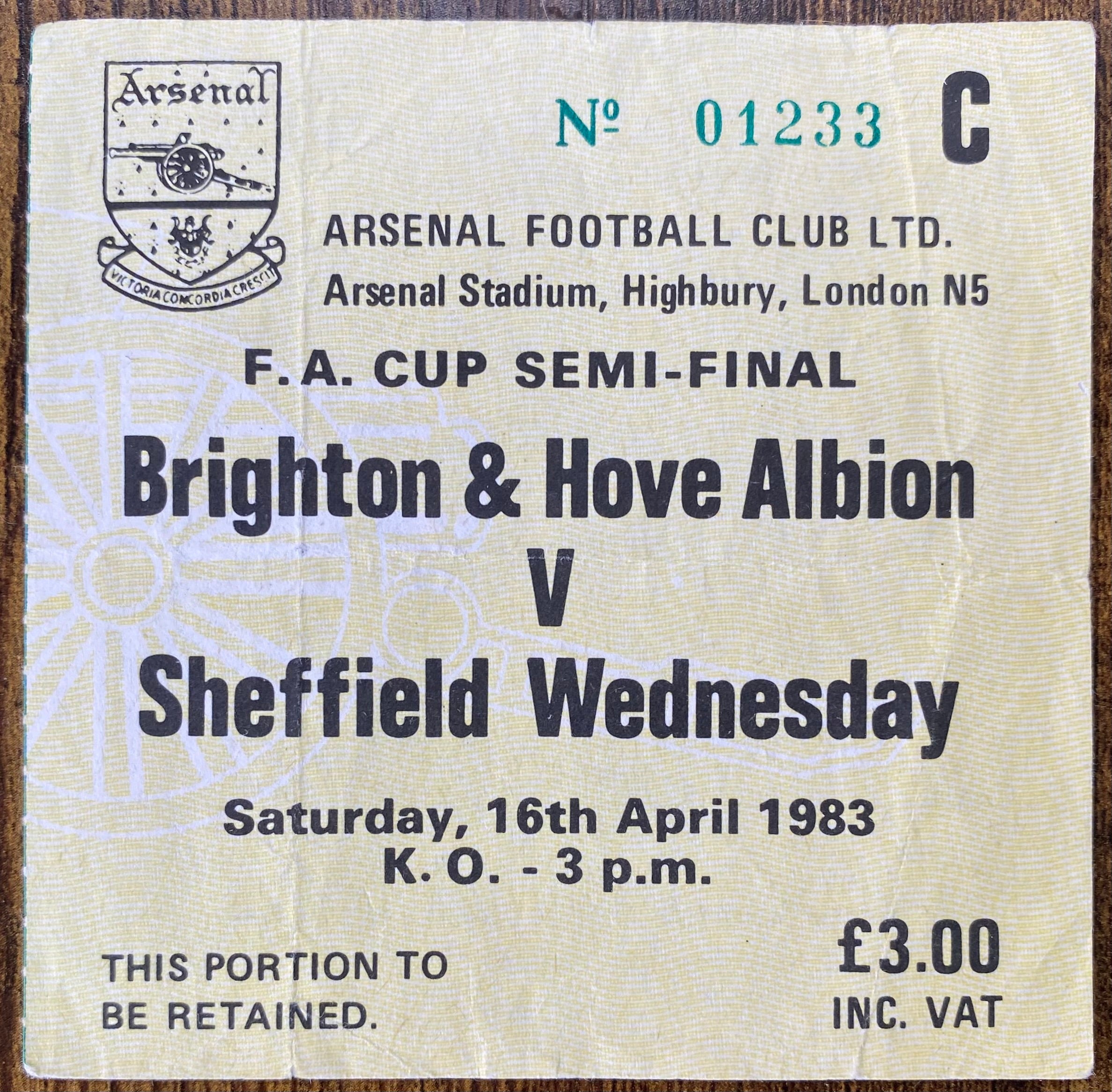 1983 ORIGINAL FA CUP SEMI FINAL TICKET AND VOUCHER BRIGHTON AND HOVE ALBION V SHEFFIELD WEDNESDAY @ HIGHBURY
