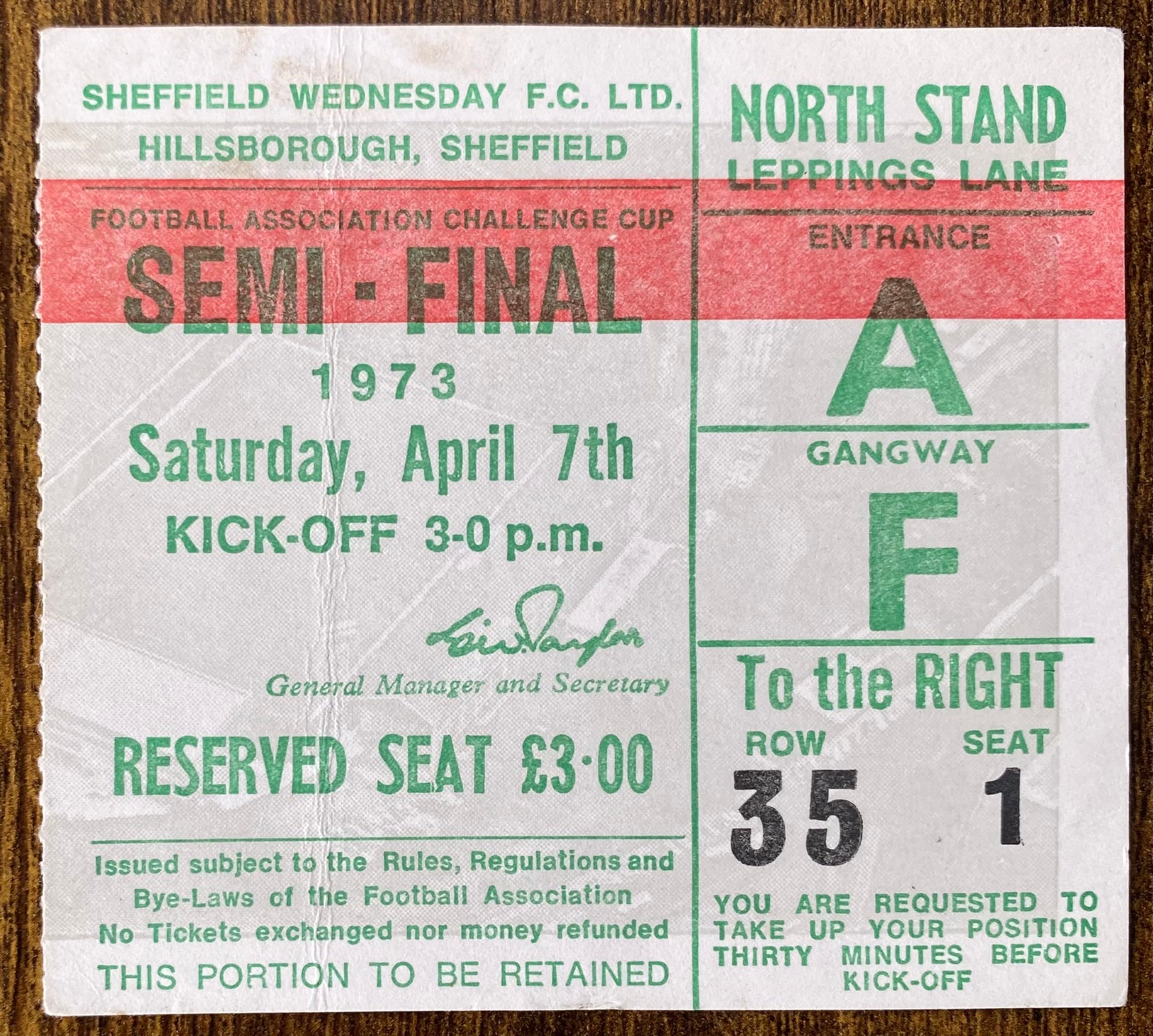 1973 ORIGINAL FA CUP SEMI FINAL TICKET SUNDERLAND V ARSENAL @ HILLSBOROUGH