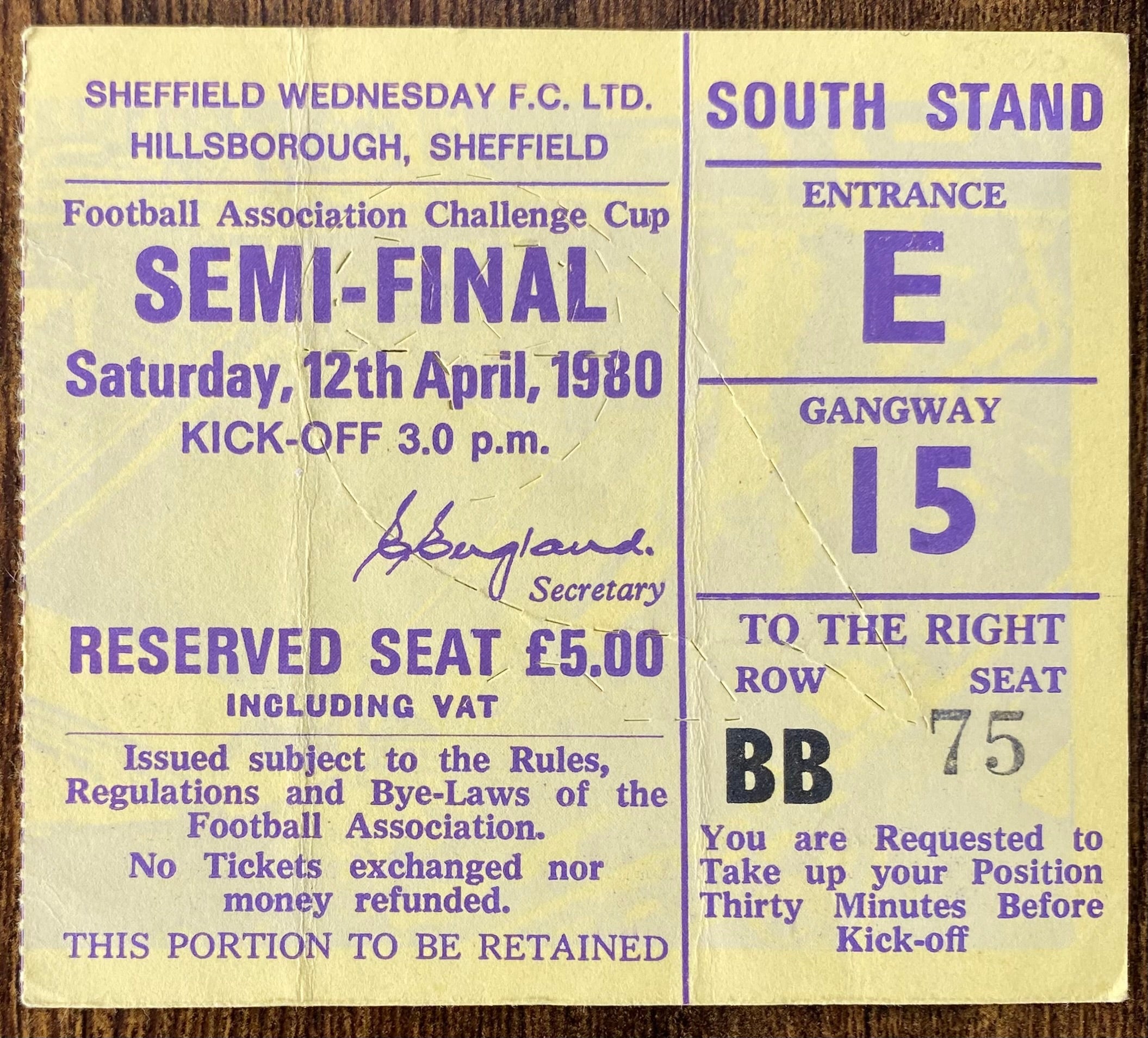1980 ORIGINAL FA CUP SEMI FINAL TICKET LIVERPOOL V ARSENAL @ HILLSBOROUGH