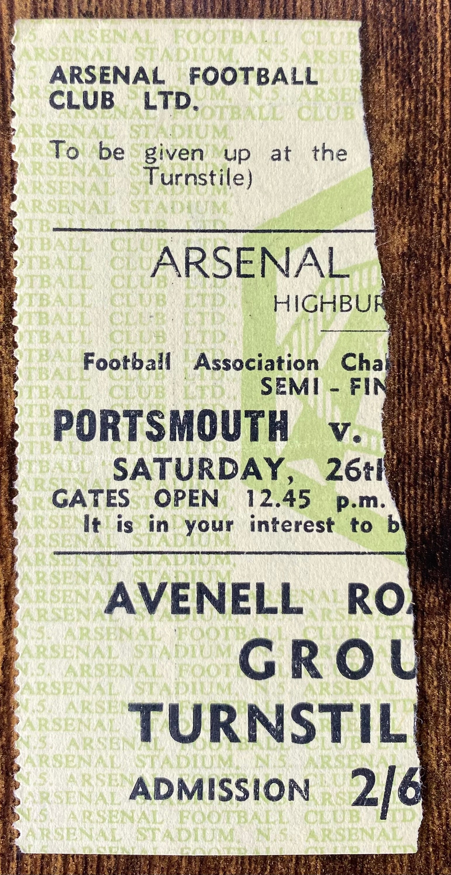1949 ORIGINAL FA CUP SEMI FINAL TICKET PORTSMOUTH V LEICESTER CITY @ HIGHBURY