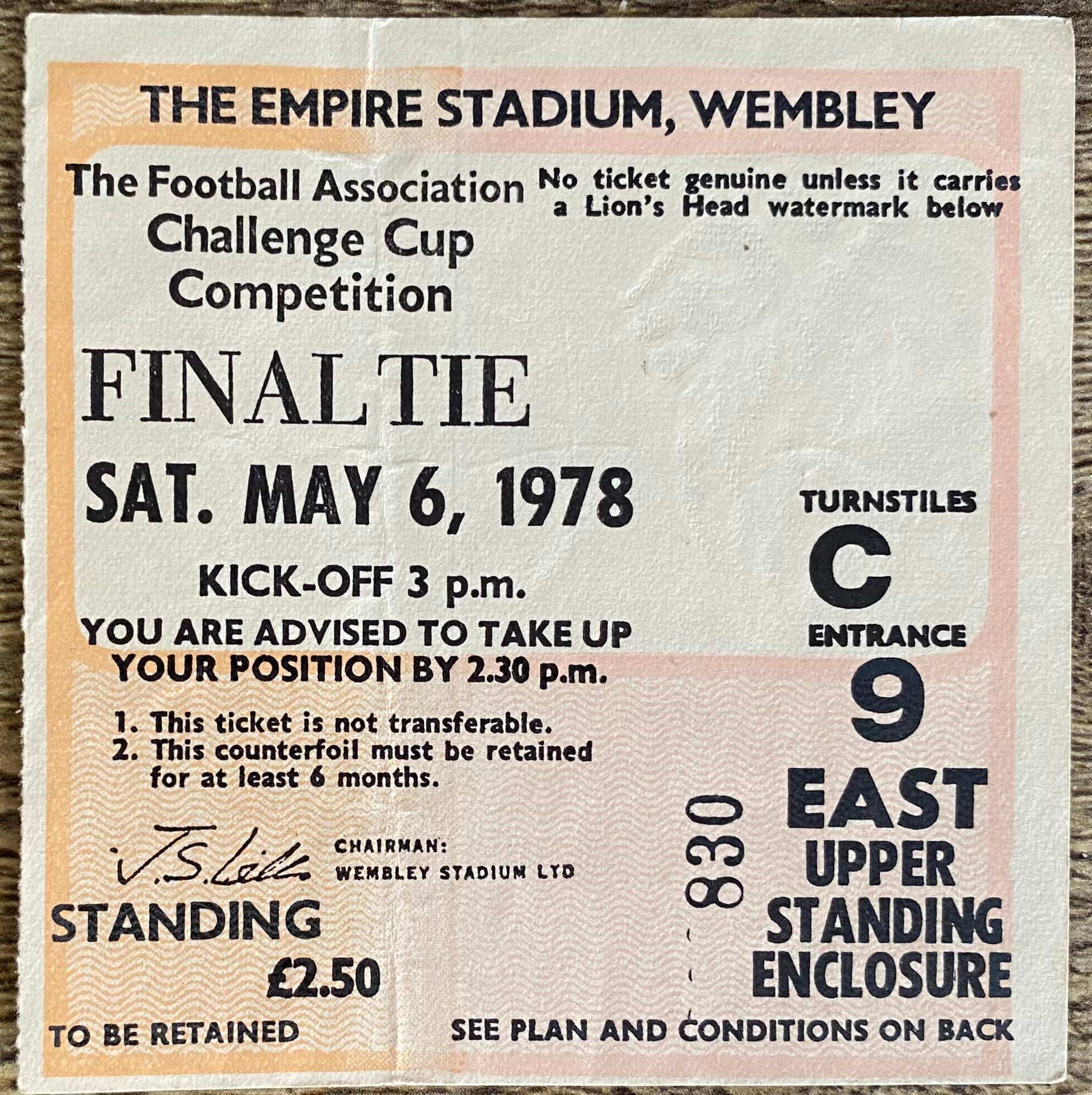 1978 ORIGINAL FA CUP FINAL TICKET IPSWICH TOWN V ARSENAL