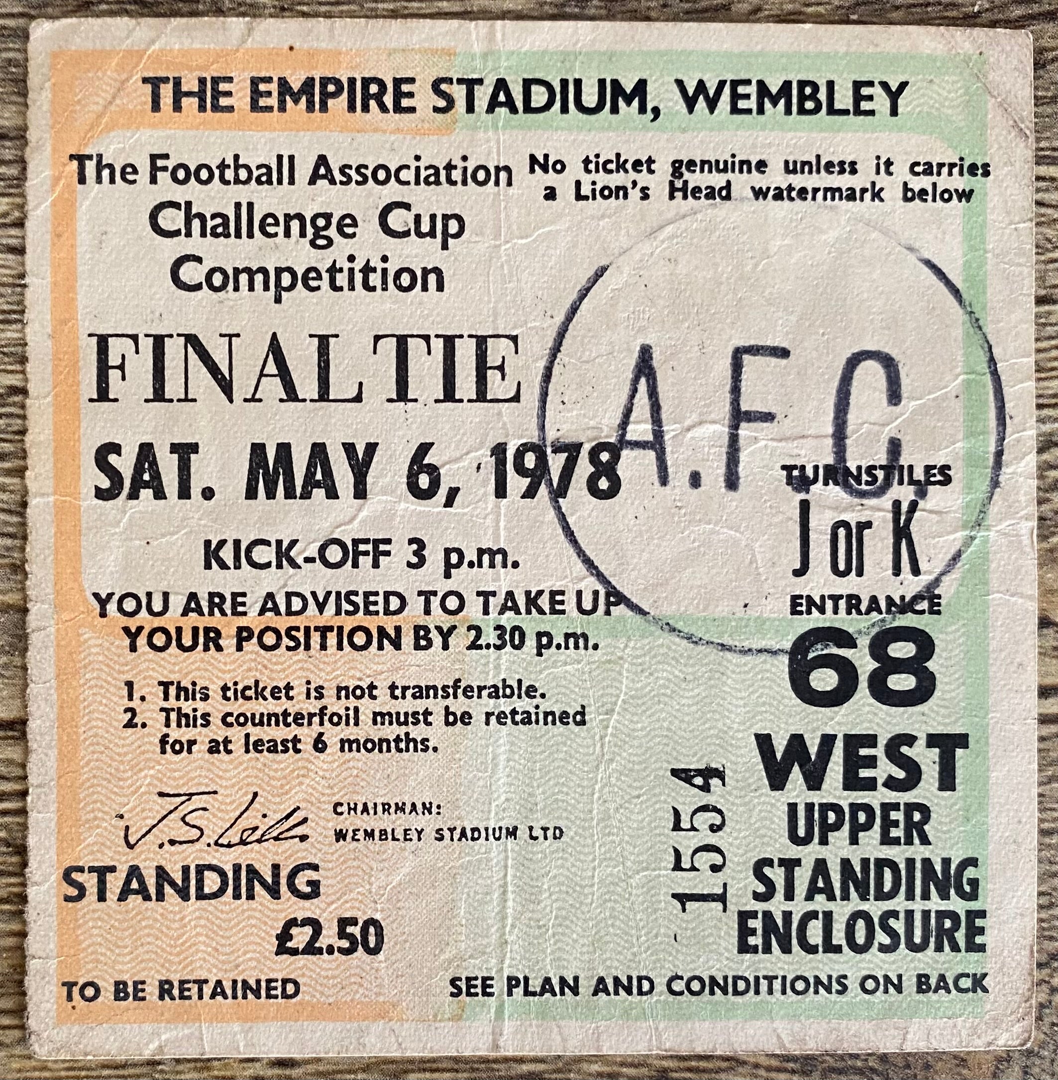 1978 ORIGINAL FA CUP FINAL TICKET IPSWICH TOWN V ARSENAL