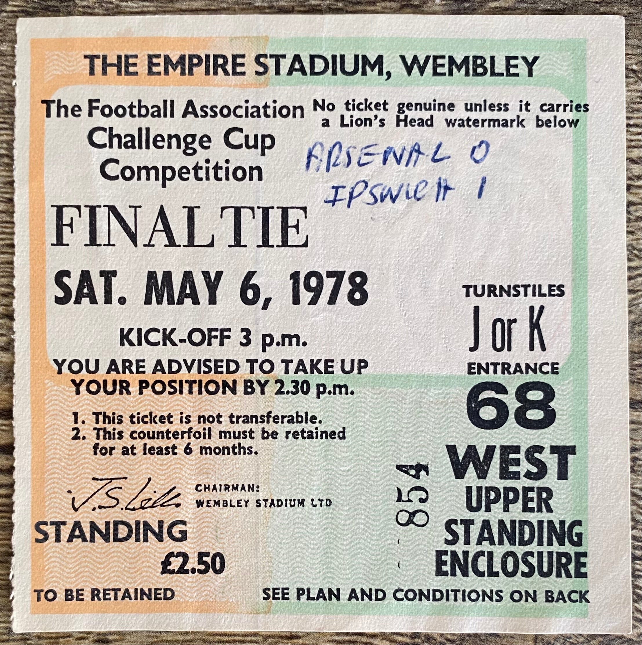 1978 ORIGINAL FA CUP FINAL TICKET IPSWICH TOWN V ARSENAL