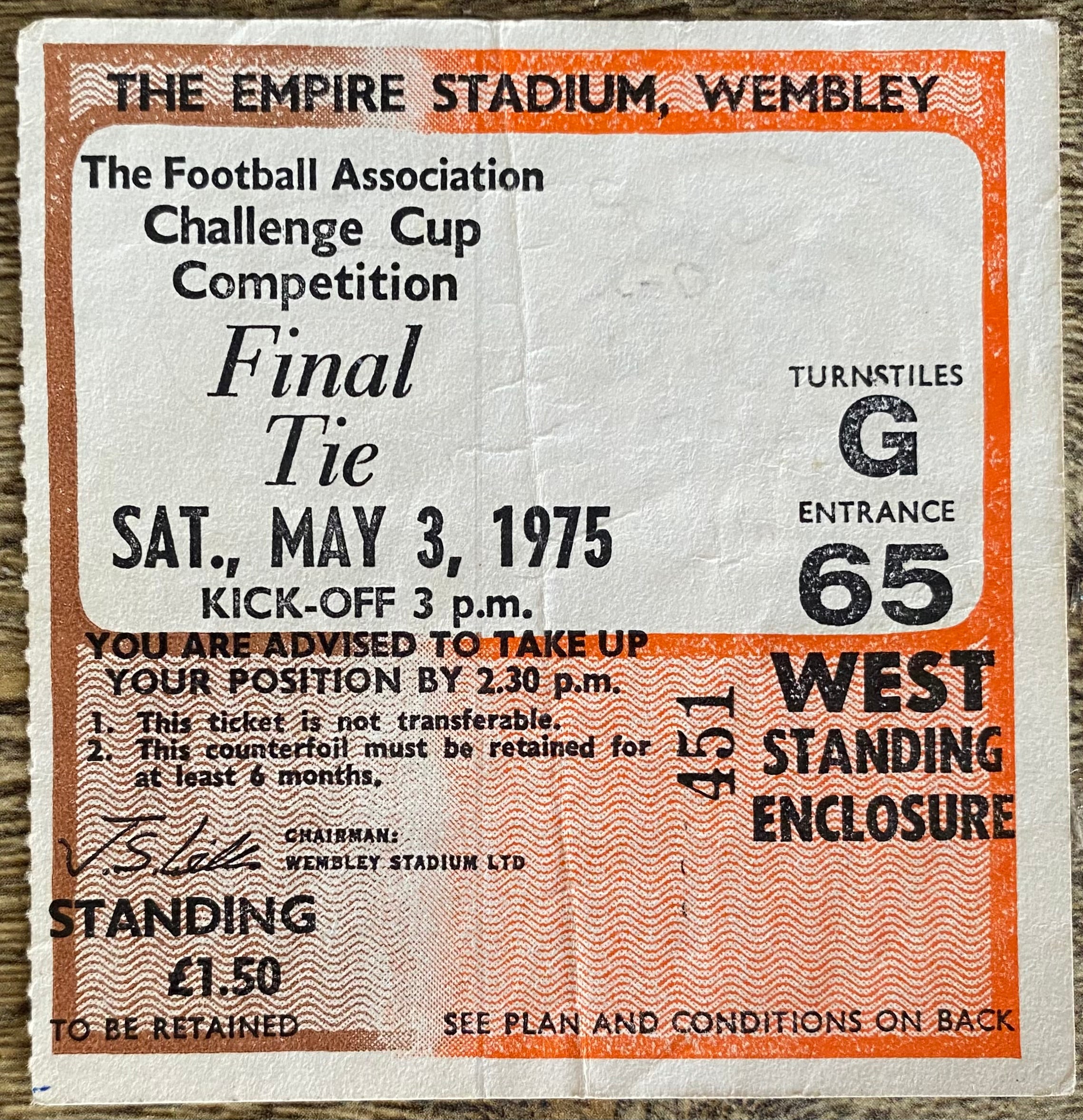 1975 ORIGINAL FA CUP FINAL TICKET WEST HAM UNITED V FULHAM