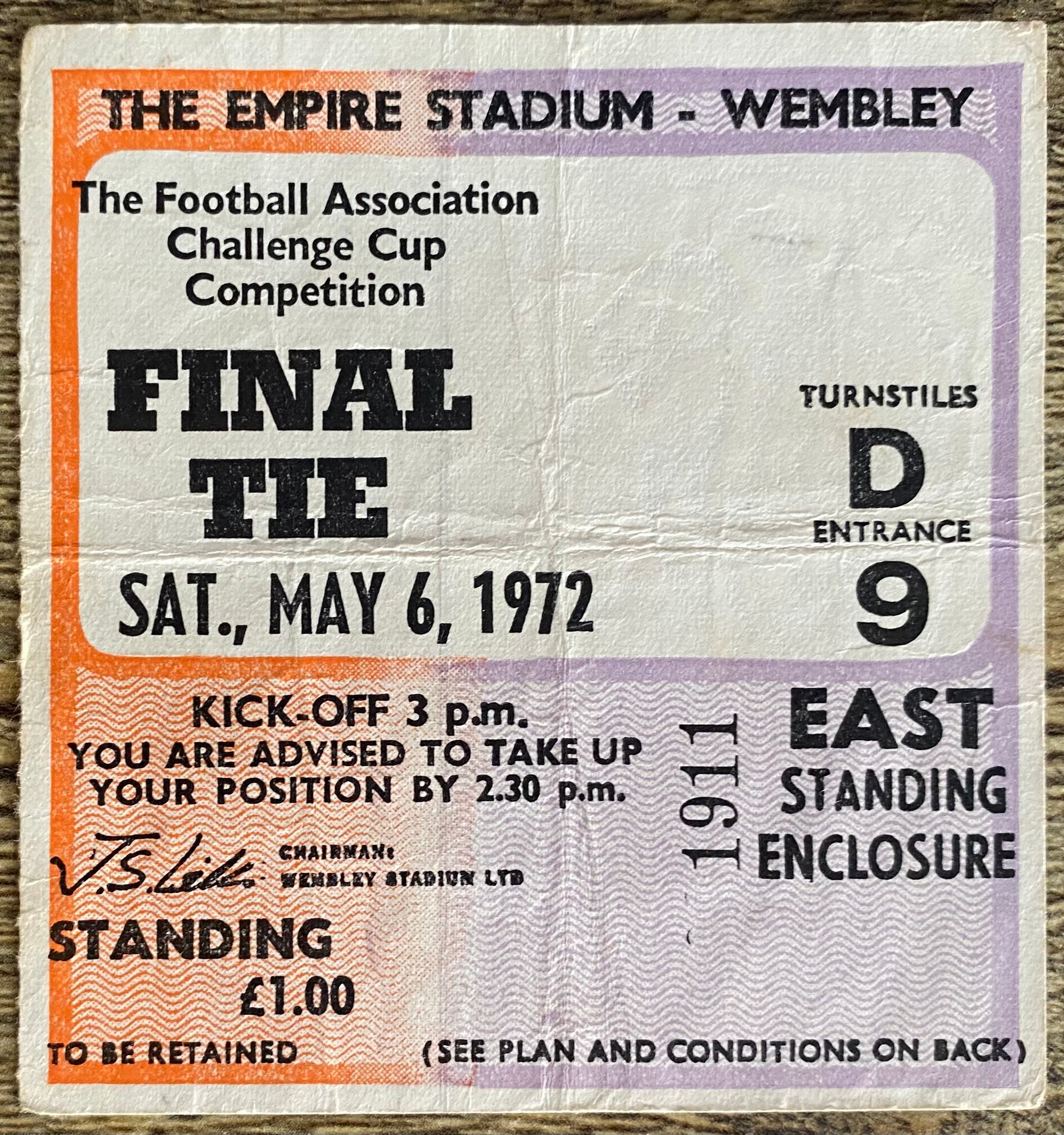 1972 ORIGINAL FA CUP FINAL TICKET ARSENAL V LEEDS UNITED