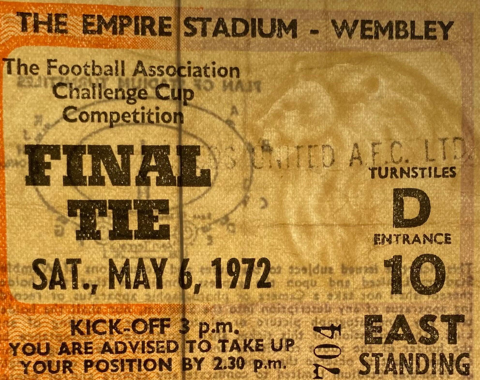 1972 ORIGINAL FA CUP FINAL TICKET ARSENAL V LEEDS UNITED