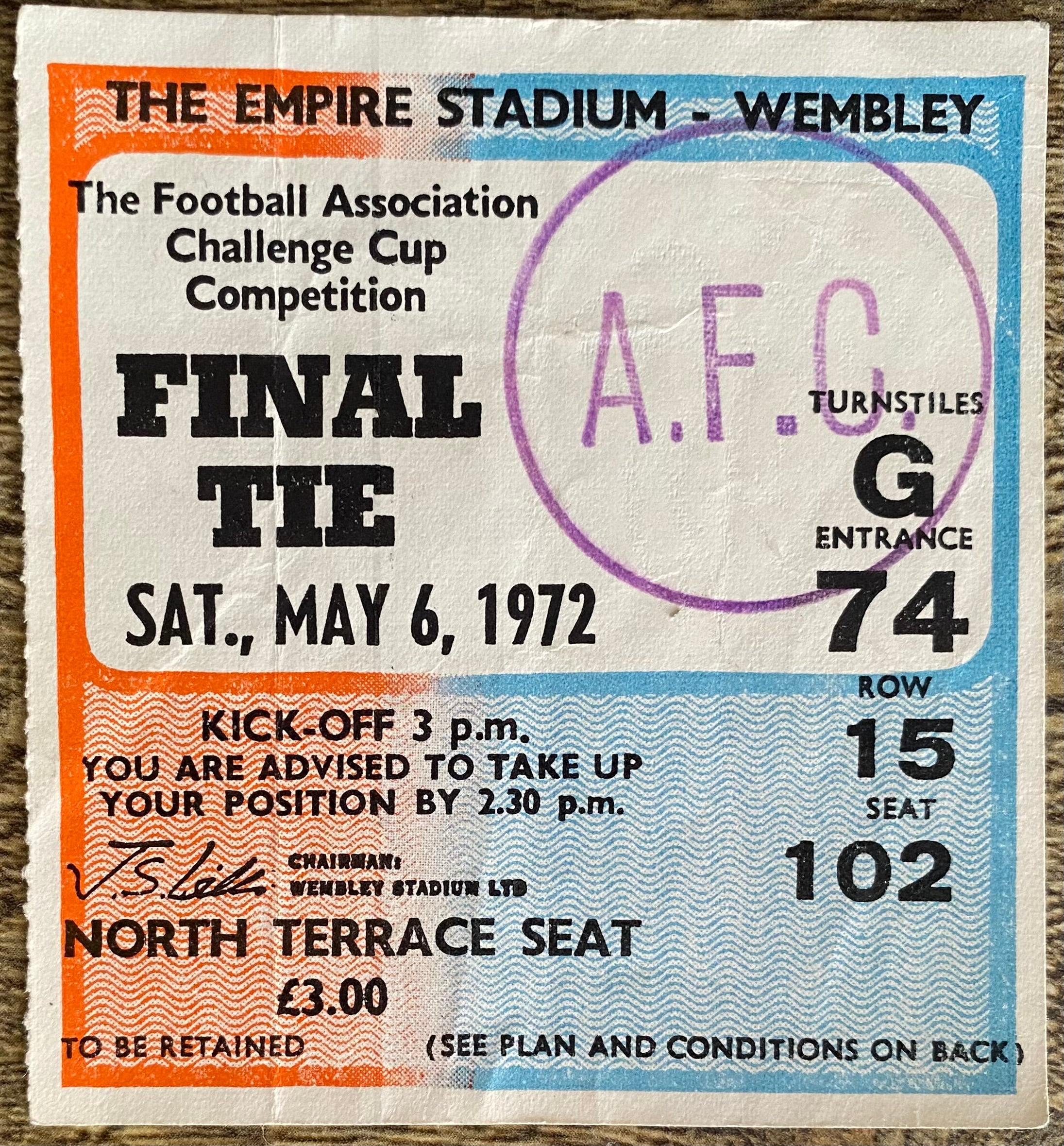 1972 ORIGINAL FA CUP FINAL TICKET ARSENAL V LEEDS UNITED