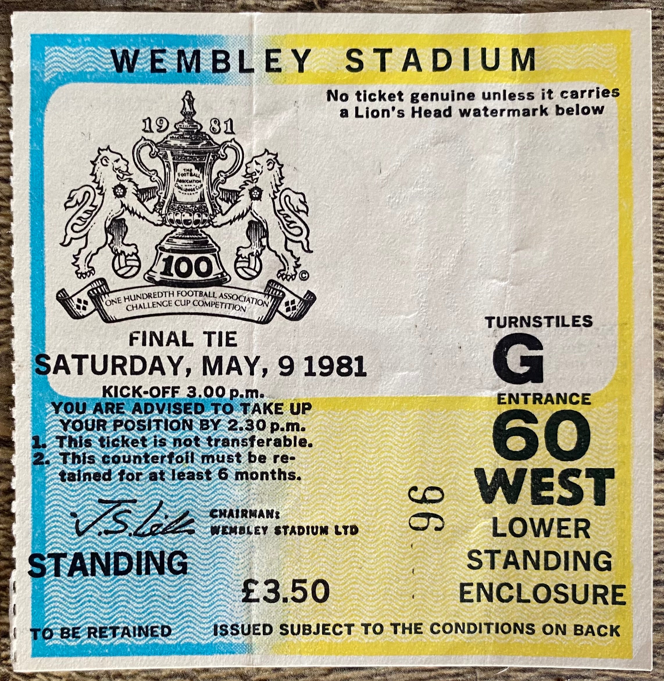 1981 ORIGINAL FA CUP FINAL TICKET TOTTENHAM HOTSPUR V MANCHESTER CITY