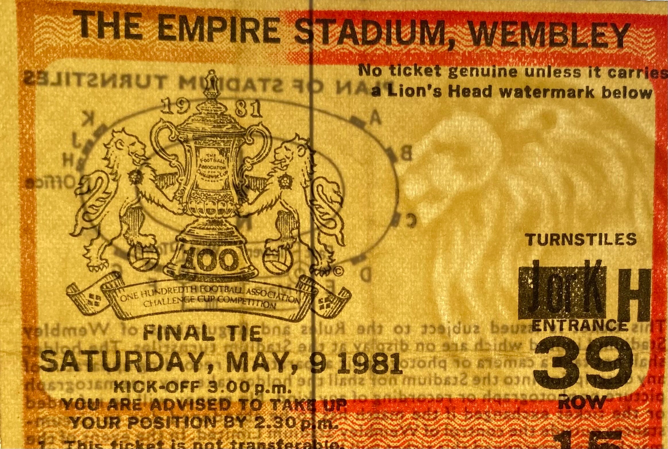 1981 ORIGINAL FA CUP FINAL TICKET TOTTENHAM HOTSPUR V MANCHESTER CITY