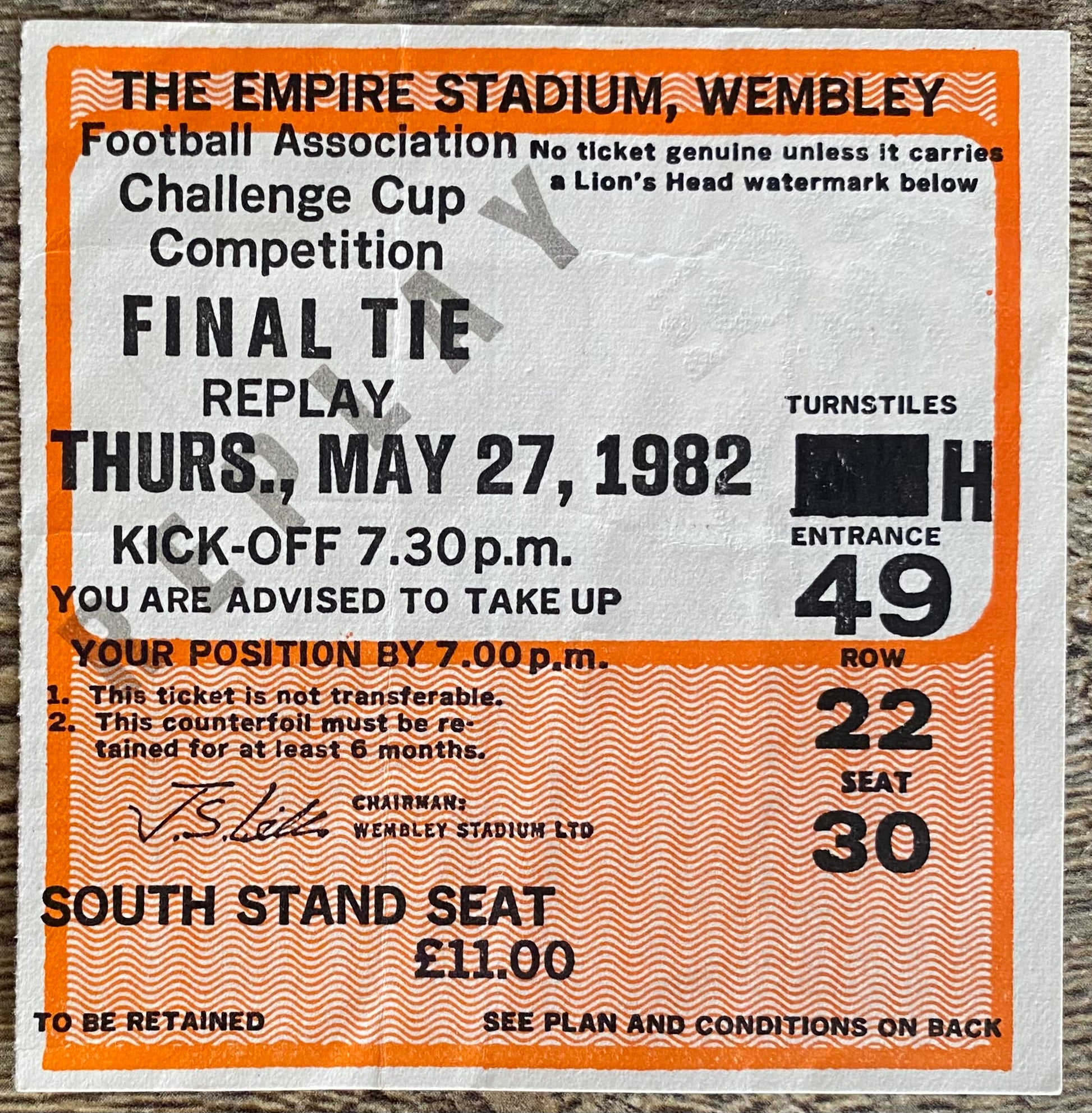 1982 ORIGINAL FA CUP FINAL REPLAY TICKET TOTTENHAM HOTSPUR V QUEENS PARK RANGERS