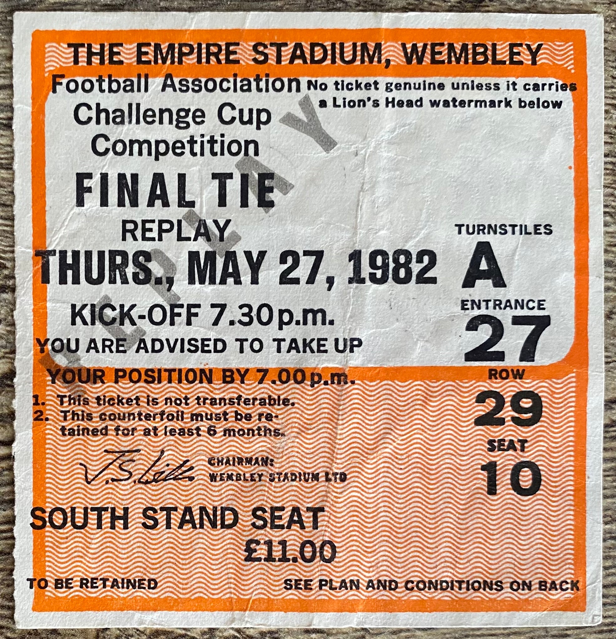 1982 ORIGINAL FA CUP FINAL REPLAY TICKET TOTTENHAM HOTSPUR V QUEENS PARK RANGERS