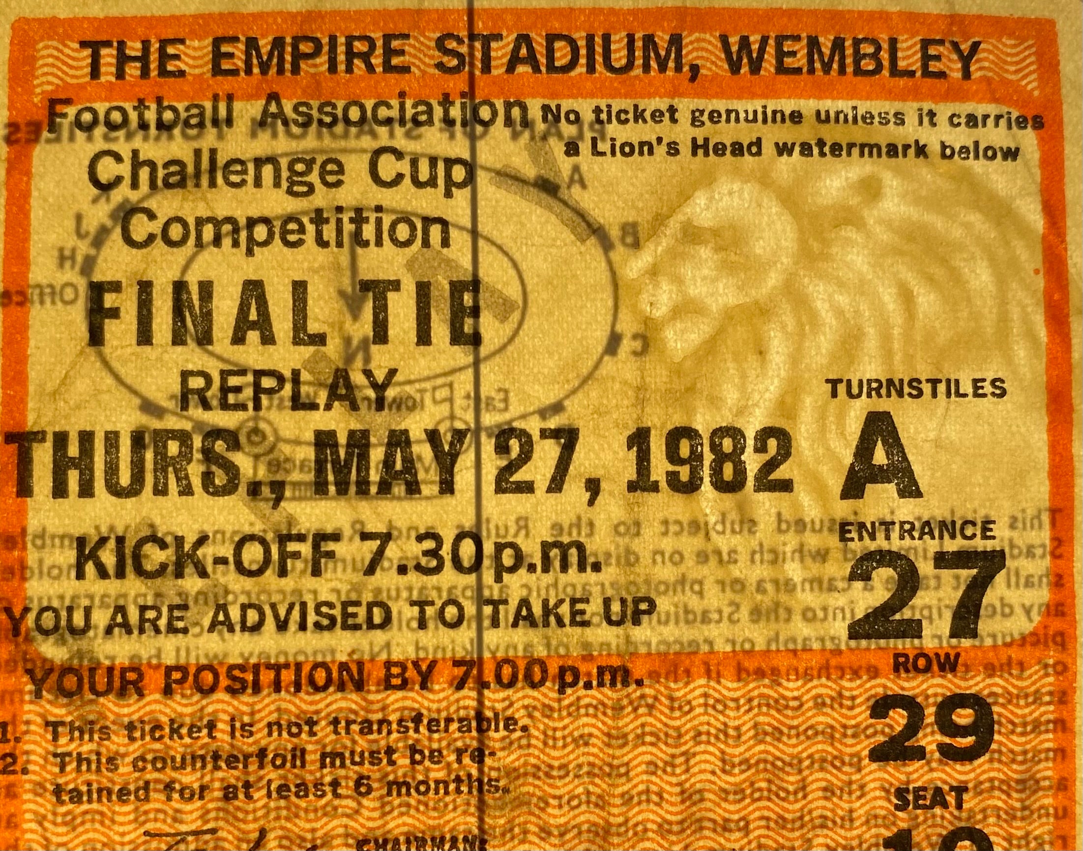 1982 ORIGINAL FA CUP FINAL REPLAY TICKET TOTTENHAM HOTSPUR V QUEENS PARK RANGERS