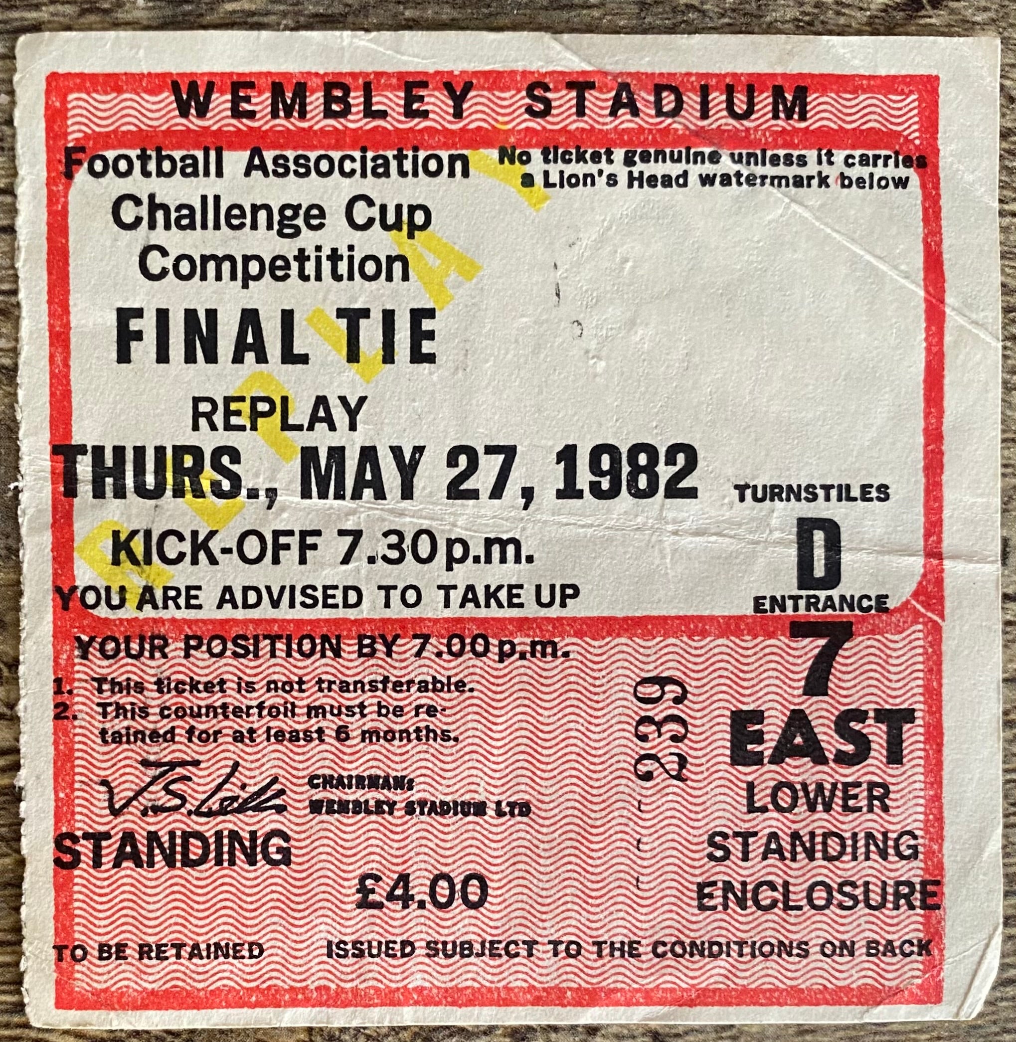 1982 ORIGINAL FA CUP FINAL REPLAY TICKET TOTTENHAM HOTSPUR V QUEENS PARK RANGERS