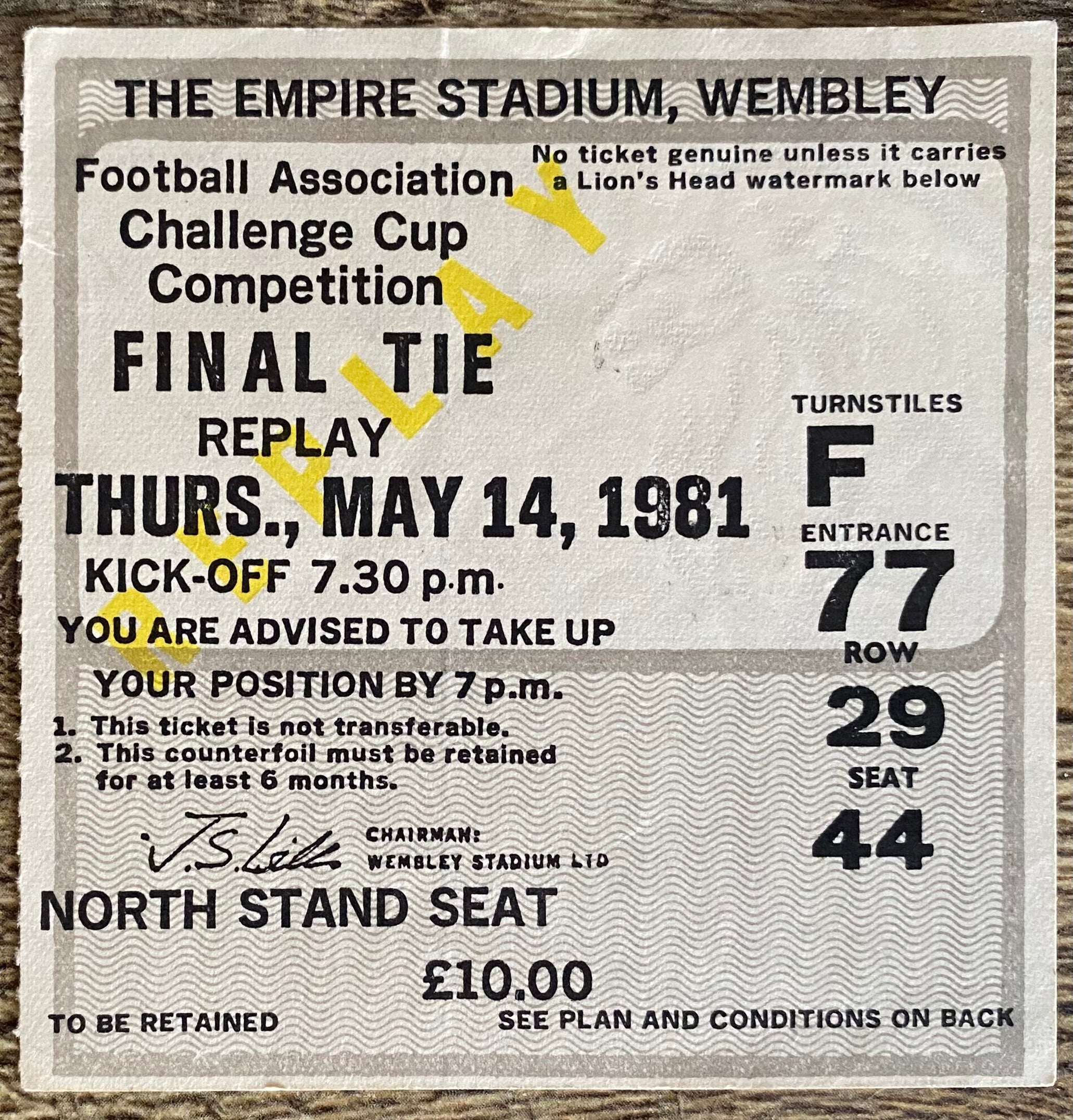 1981 ORIGINAL FA CUP FINAL REPLAY TICKET TOTTENHAM HOTSPUR V MANCHESTER CITY