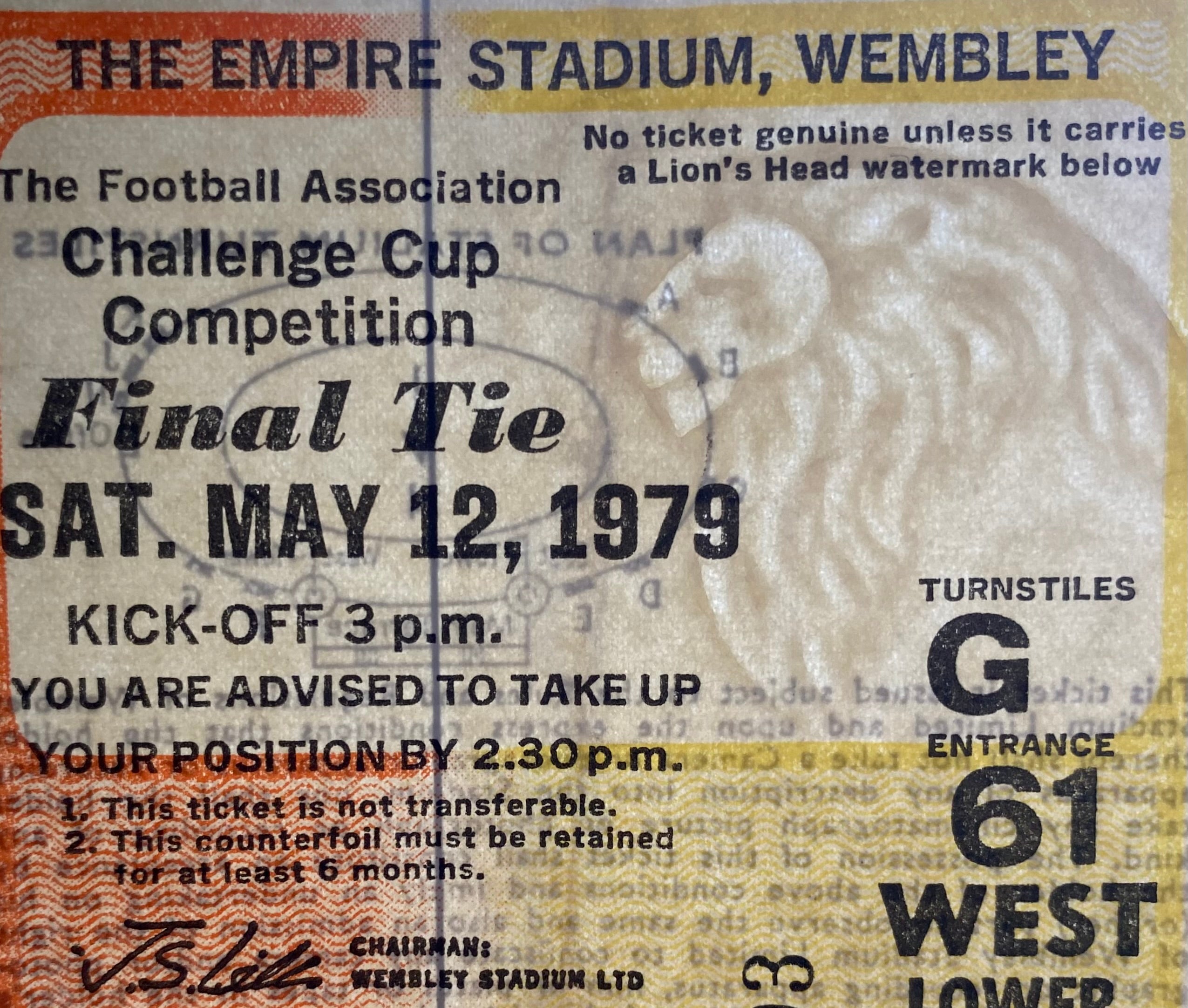 1979 ORIGINAL FA CUP FINAL TICKET ARSENAL V MANCHESTER UNITED