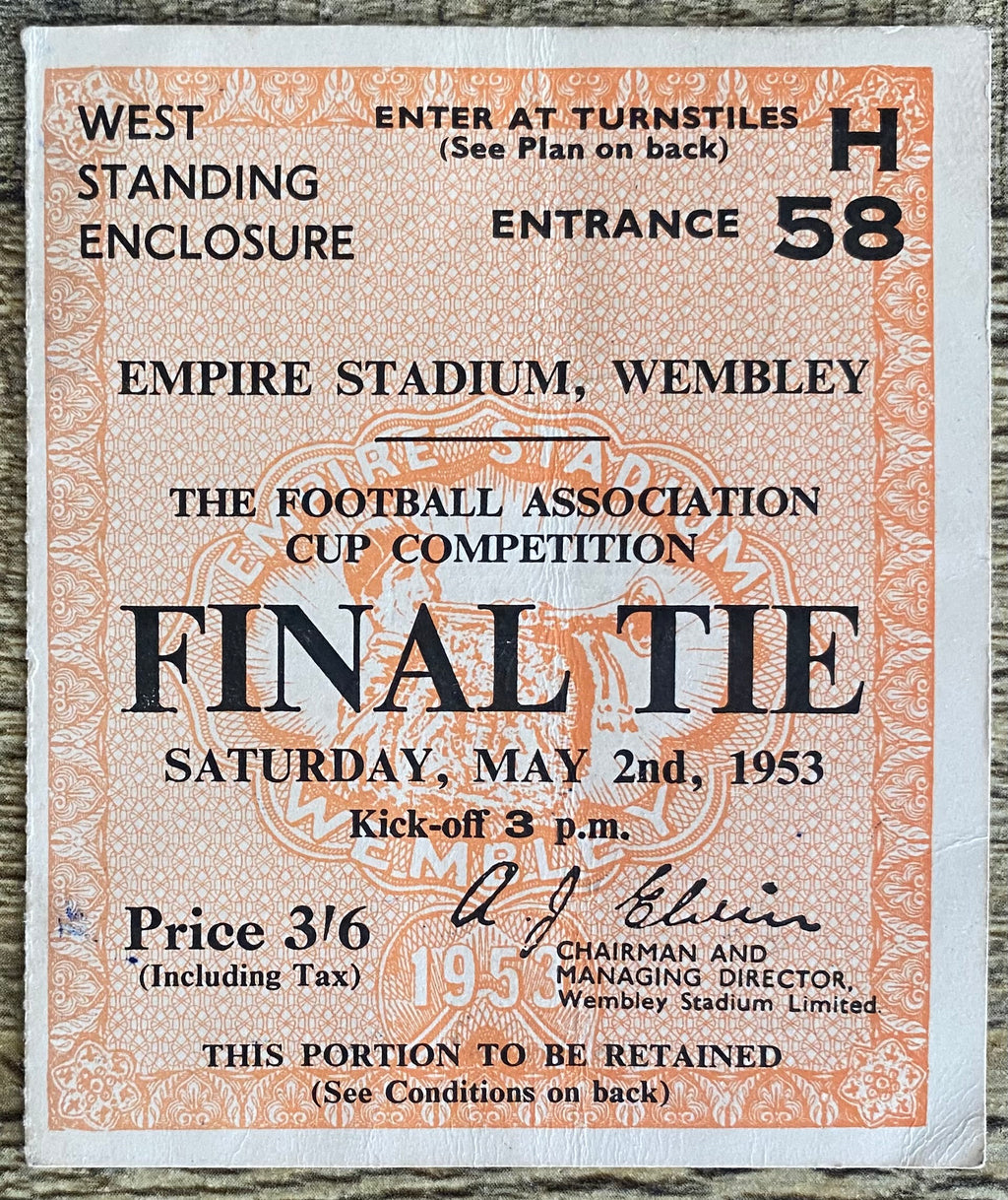 1953 ORIGINAL FA CUP FINAL TICKET BLACKPOOL V BOLTON WANDERERS