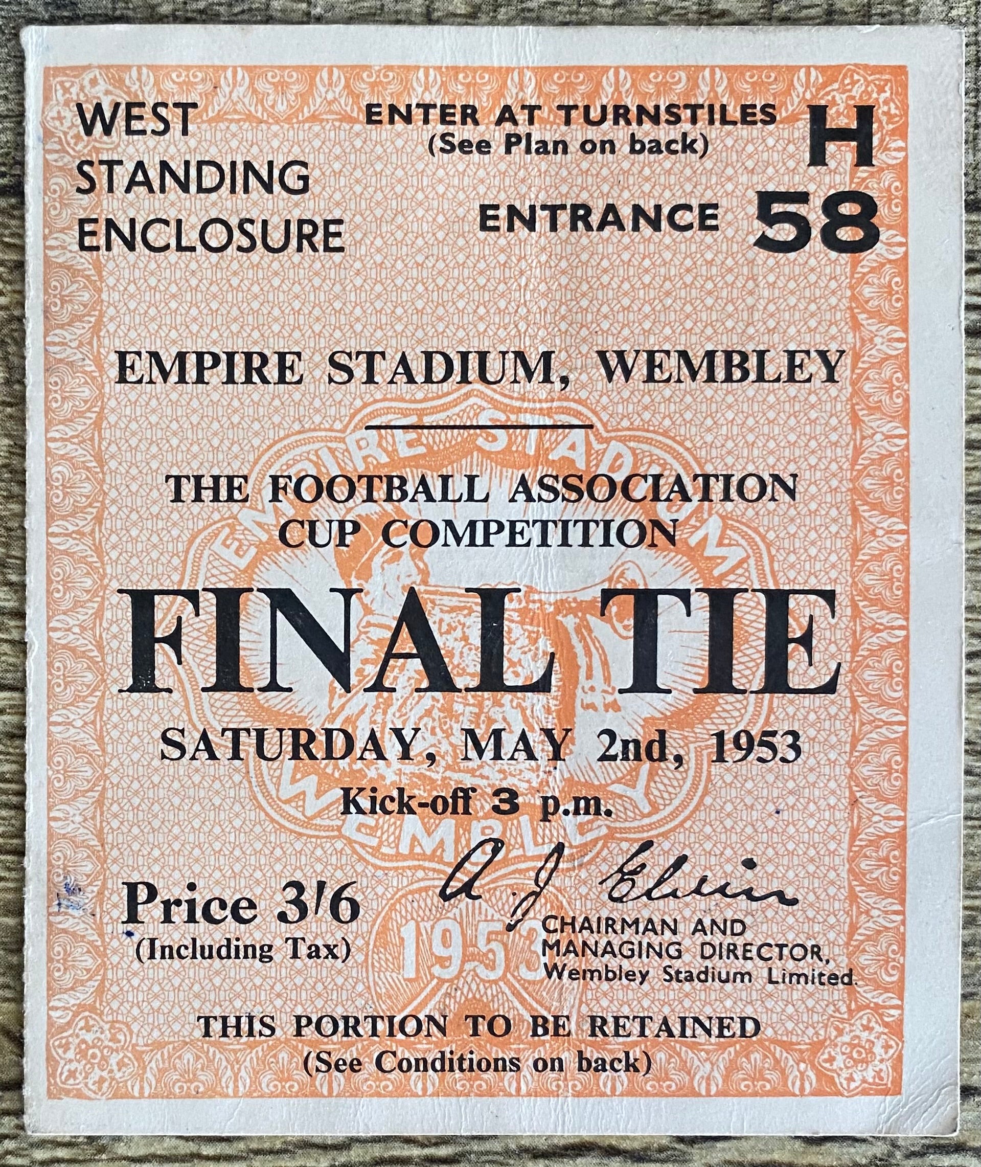1953 ORIGINAL FA CUP FINAL TICKET BLACKPOOL V BOLTON WANDERERS
