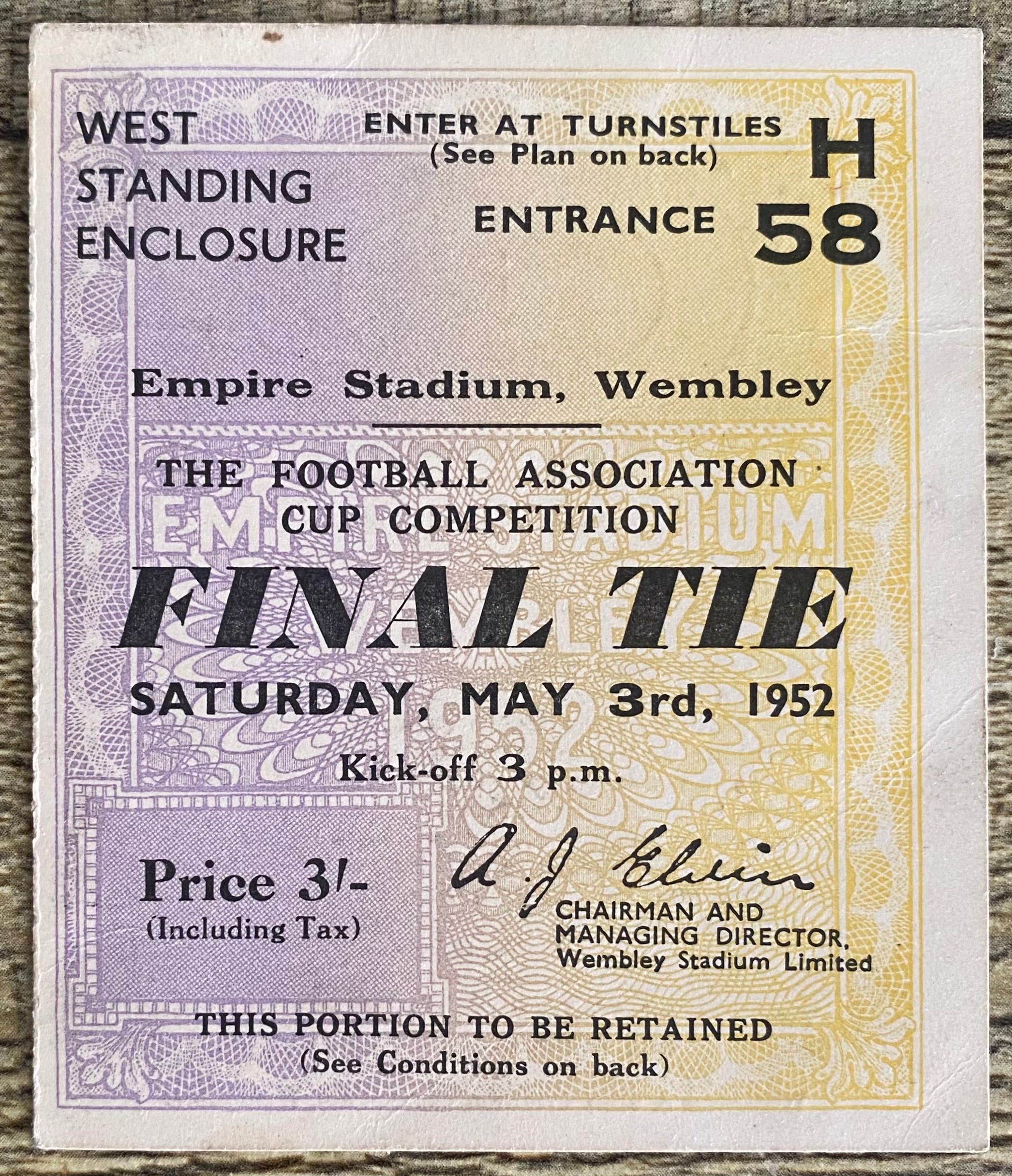 1952 ORIGINAL FA CUP FINAL TICKET NEWCASTLE UNITED V ARSENAL