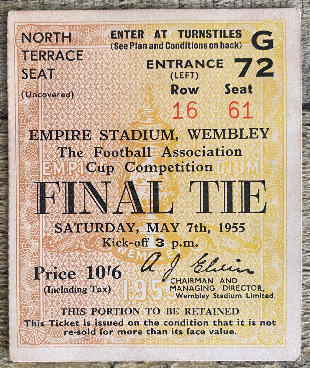 1955 ORIGINAL FA CUP FINAL TICKET NEWCASTLE UNITED V MANCHESTER CITY