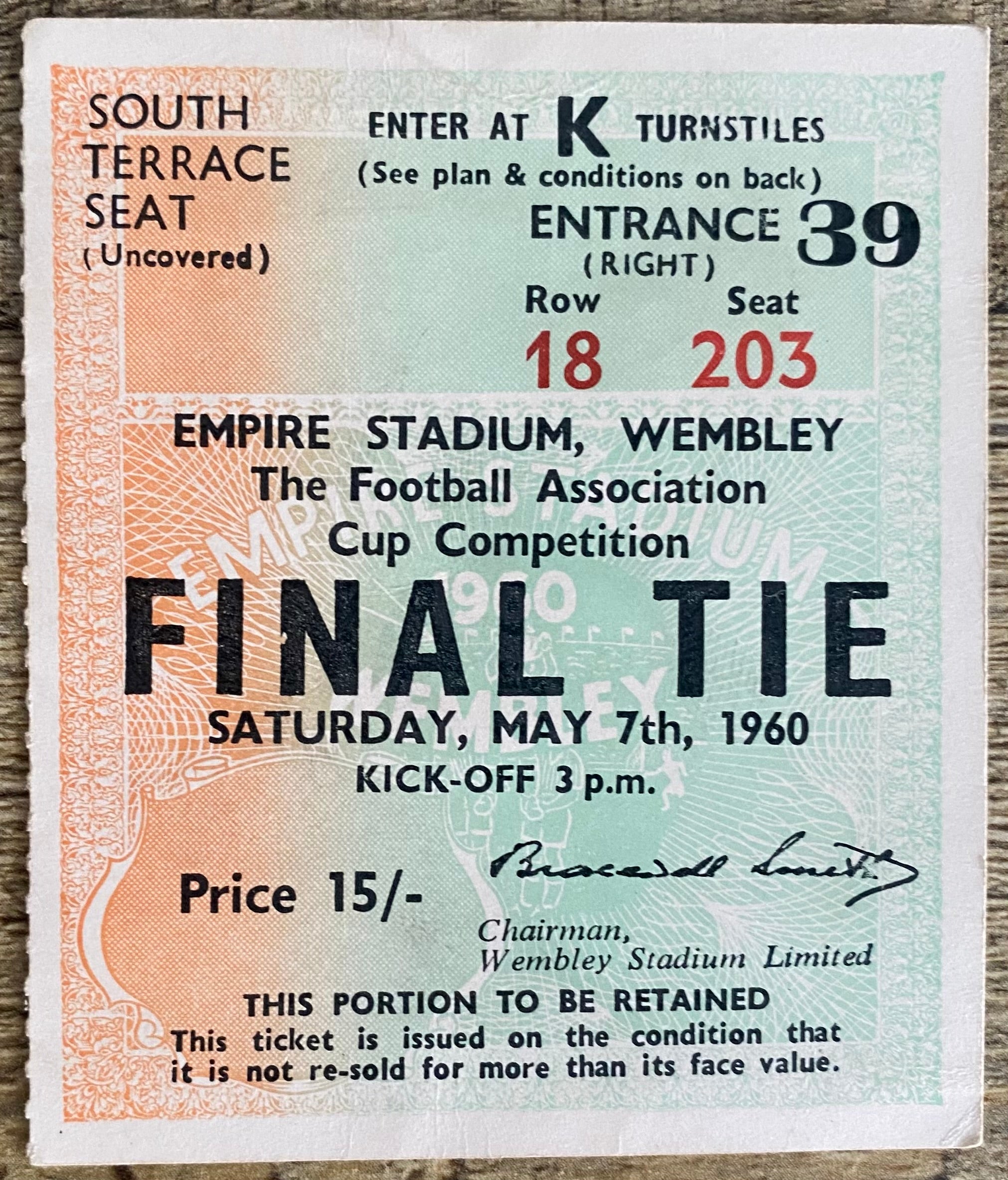 1960 ORIGINAL FA CUP FINAL TICKET BLACKBURN ROVERS V WOLVERHAMPTON WANDERERS