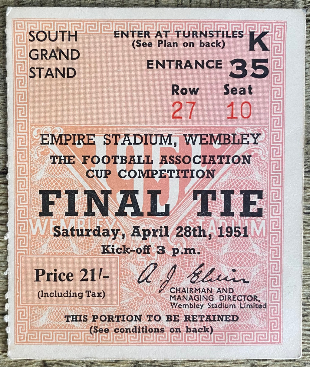 1951 ORIGINAL FA CUP FINAL TICKET NEWCASTLE UNITED V BLACKPOOL