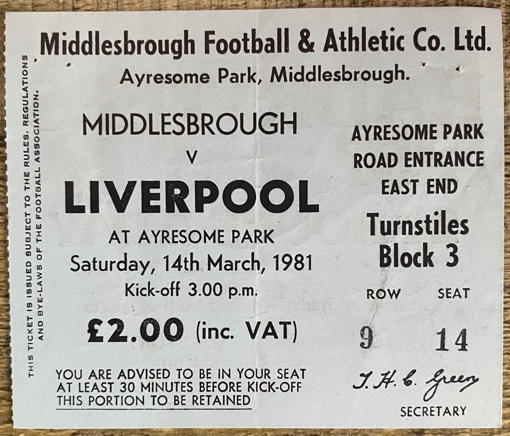1980/81 ORIGINAL DIVISION ONE TICKET MIDDLESBROUGH V LIVERPOOL