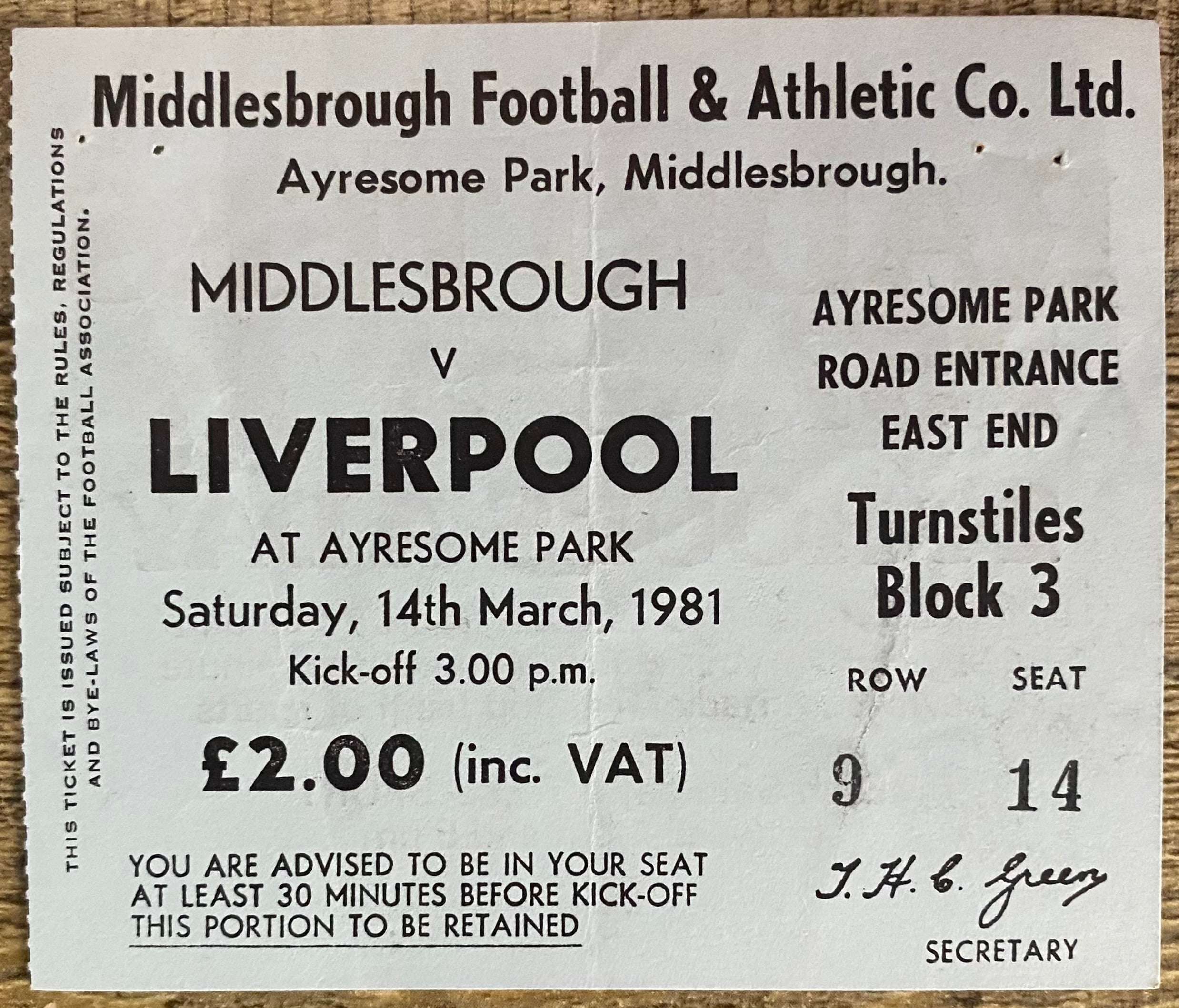 1980/81 ORIGINAL DIVISION ONE TICKET MIDDLESBROUGH V LIVERPOOL