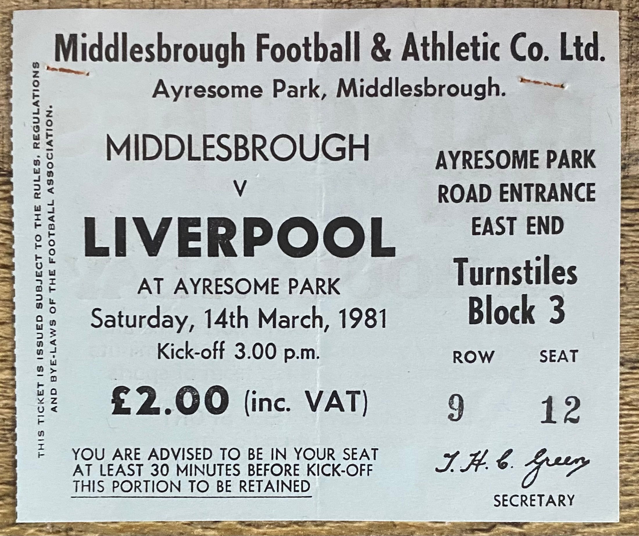 1980/81 ORIGINAL DIVISION ONE TICKET MIDDLESBROUGH V LIVERPOOL