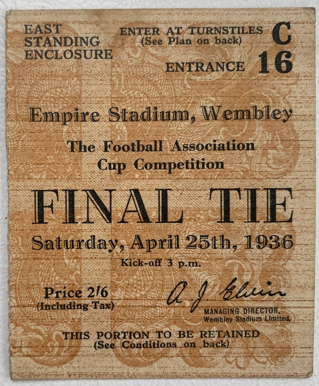 1936 ORIGINAL FA CUP FINAL TICKET ARSENAL V SHEFFIELD UNITED
