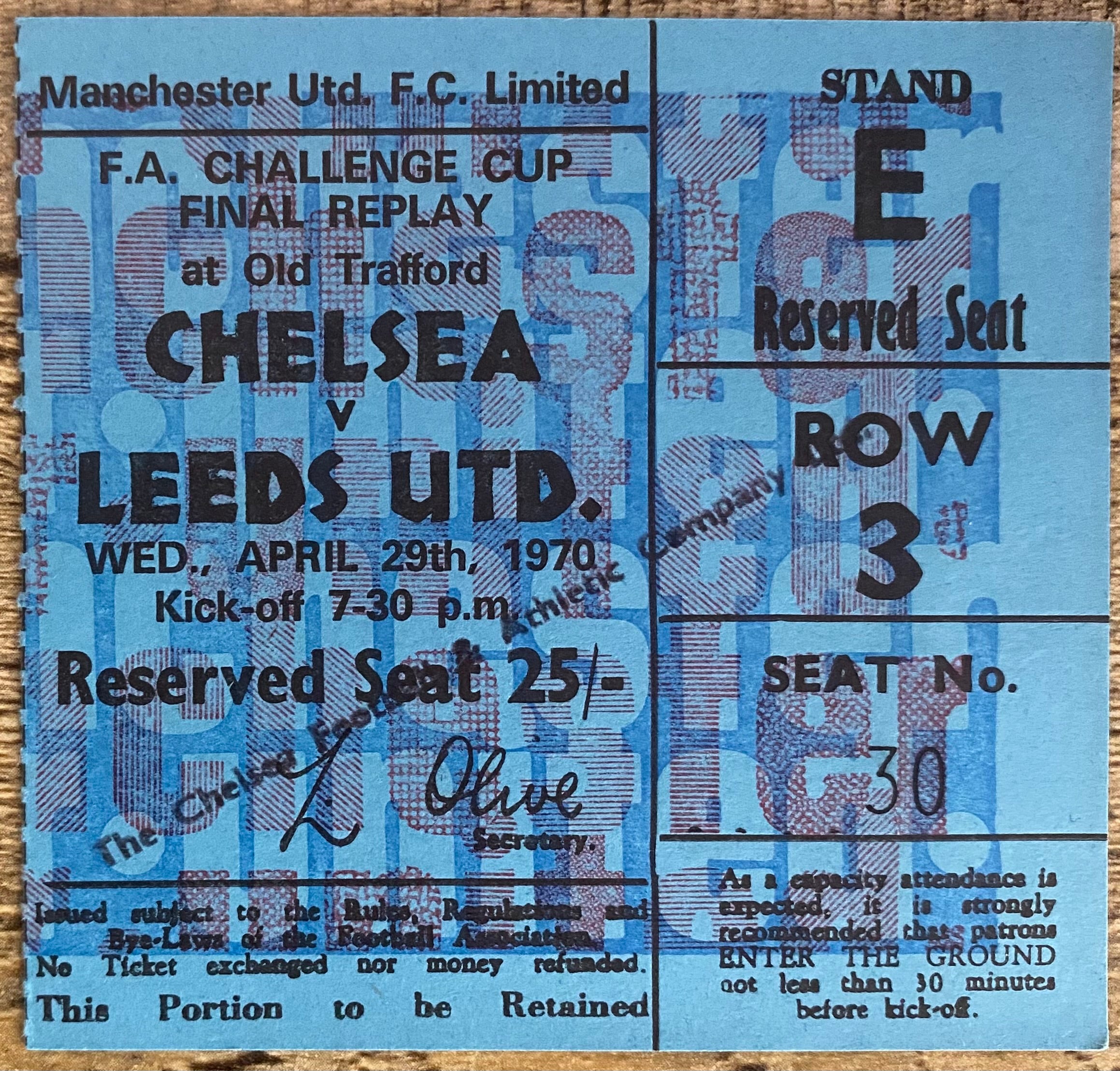 1970 ORIGINAL FA CUP FINAL REPLAY TICKET CHELSEA V LEEDS UNITED @ OLD TRAFFORD