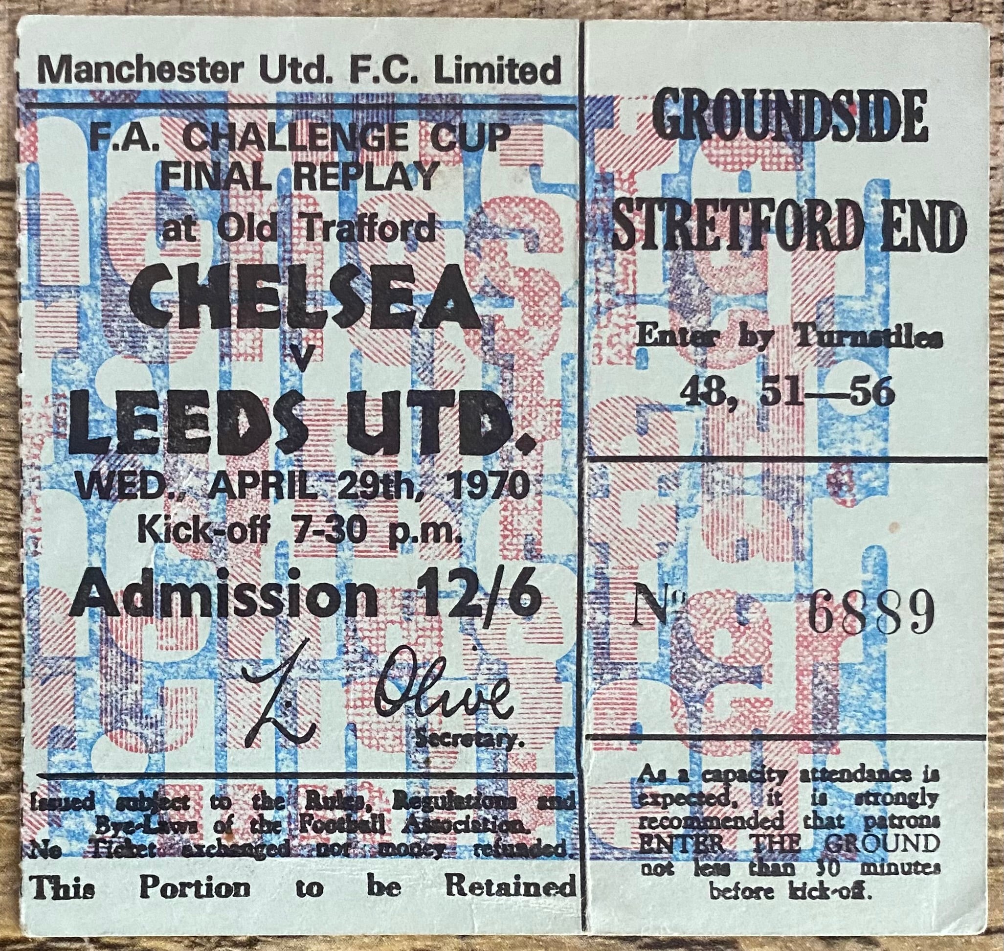 1970 ORIGINAL FA CUP FINAL REPLAY TICKET CHELSEA V LEEDS UNITED @ OLD TRAFFORD