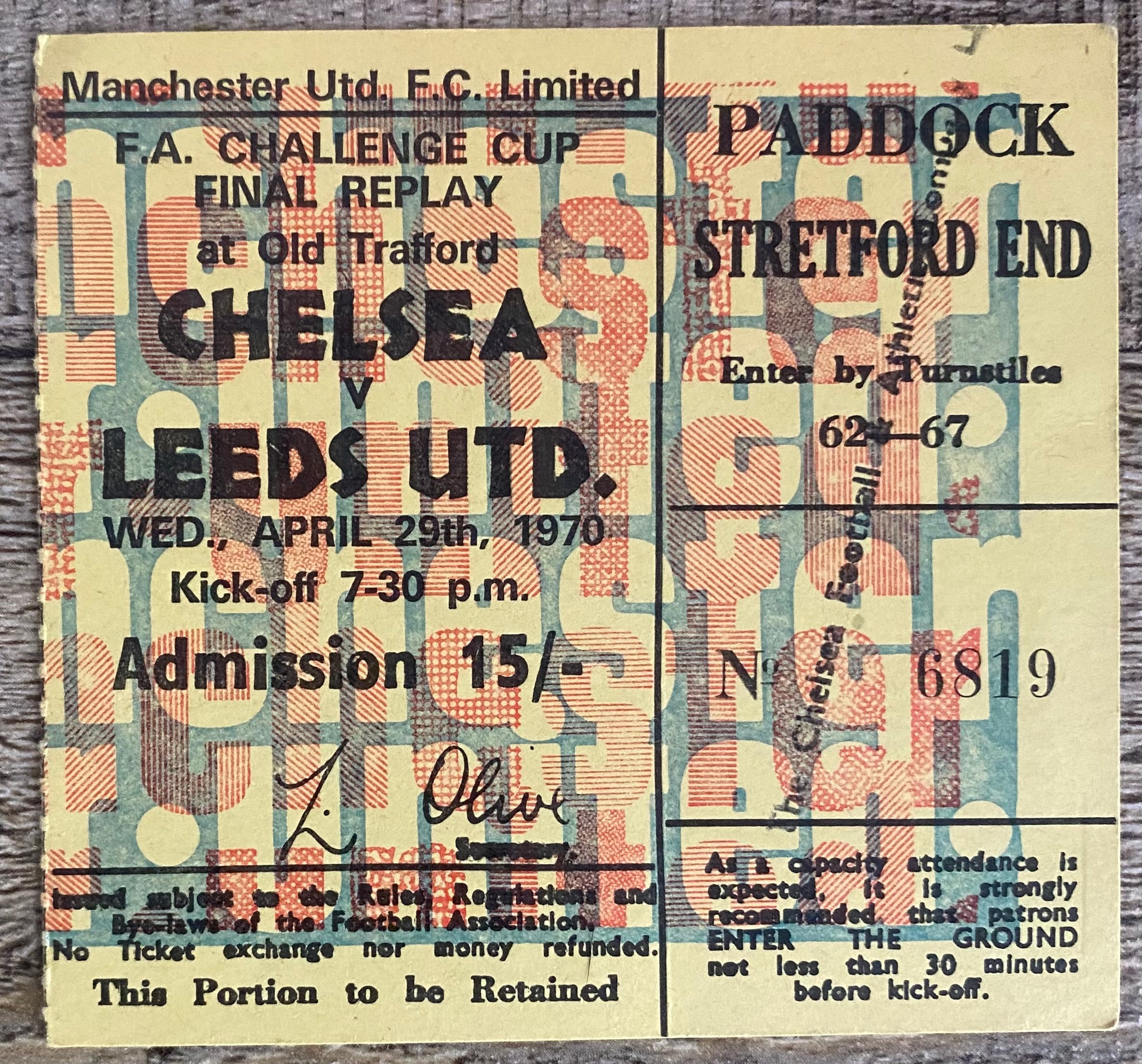 1970 ORIGINAL FA CUP FINAL REPLAY TICKET CHELSEA V LEEDS UNITED @ OLD TRAFFORD