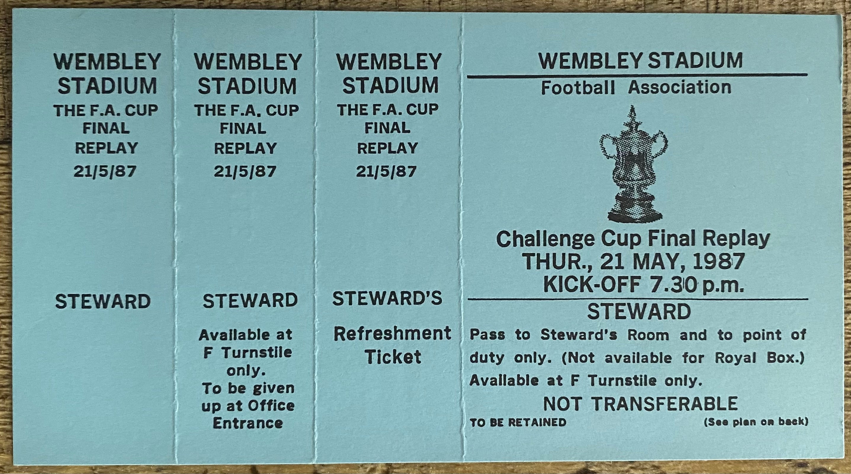 1987 ORIGINAL FA CUP FINAL REPLAY STEWARDS TICKET COVENTRY CITY V TOTTENHAM HOTSPUR
