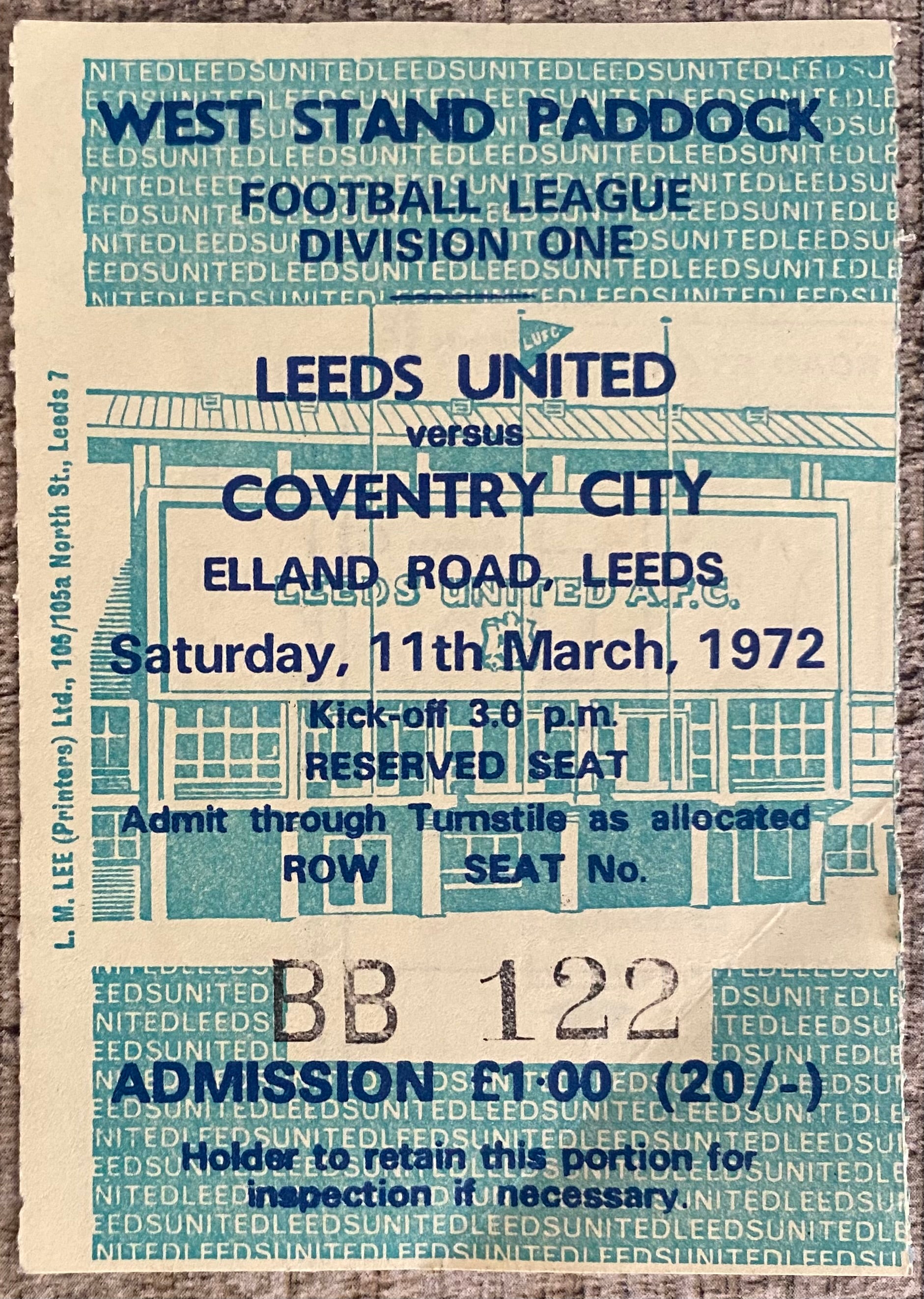 1971/72 ORIGINAL DIVISION ONE TICKET LEEDS UNITED V COVENTRY CITY