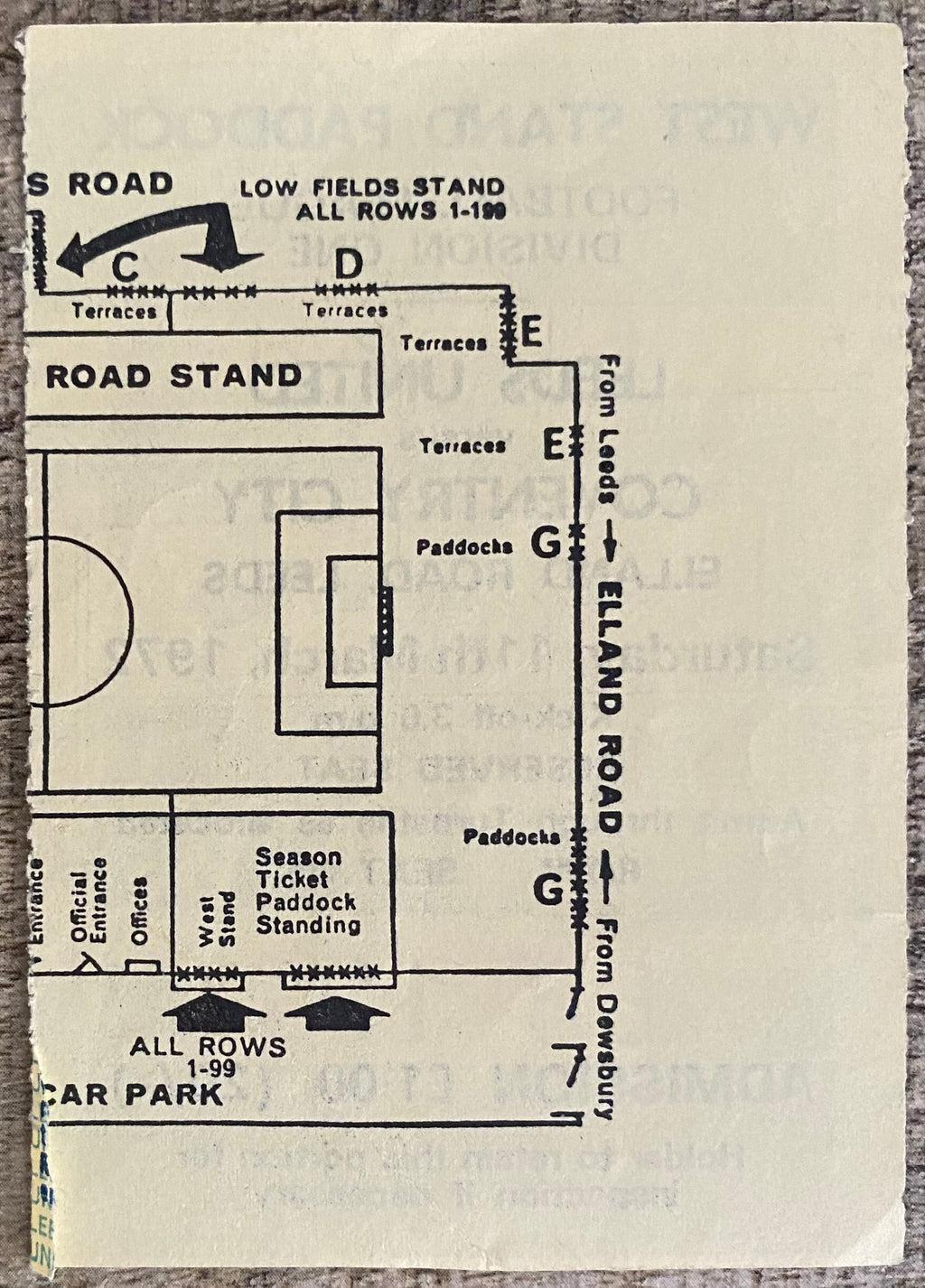 1971/72 ORIGINAL DIVISION ONE TICKET LEEDS UNITED V COVENTRY CITY