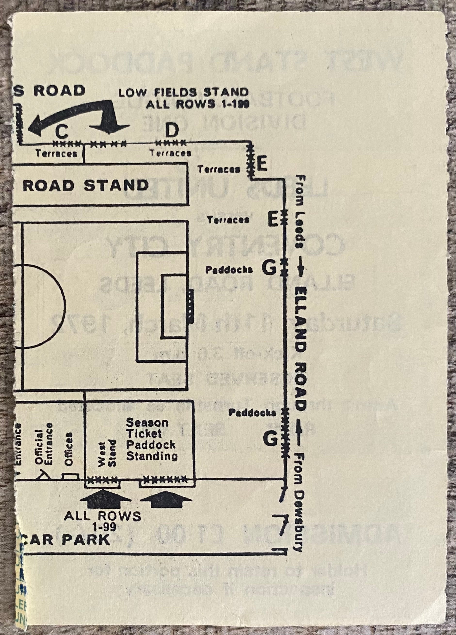 1971/72 ORIGINAL DIVISION ONE TICKET LEEDS UNITED V COVENTRY CITY
