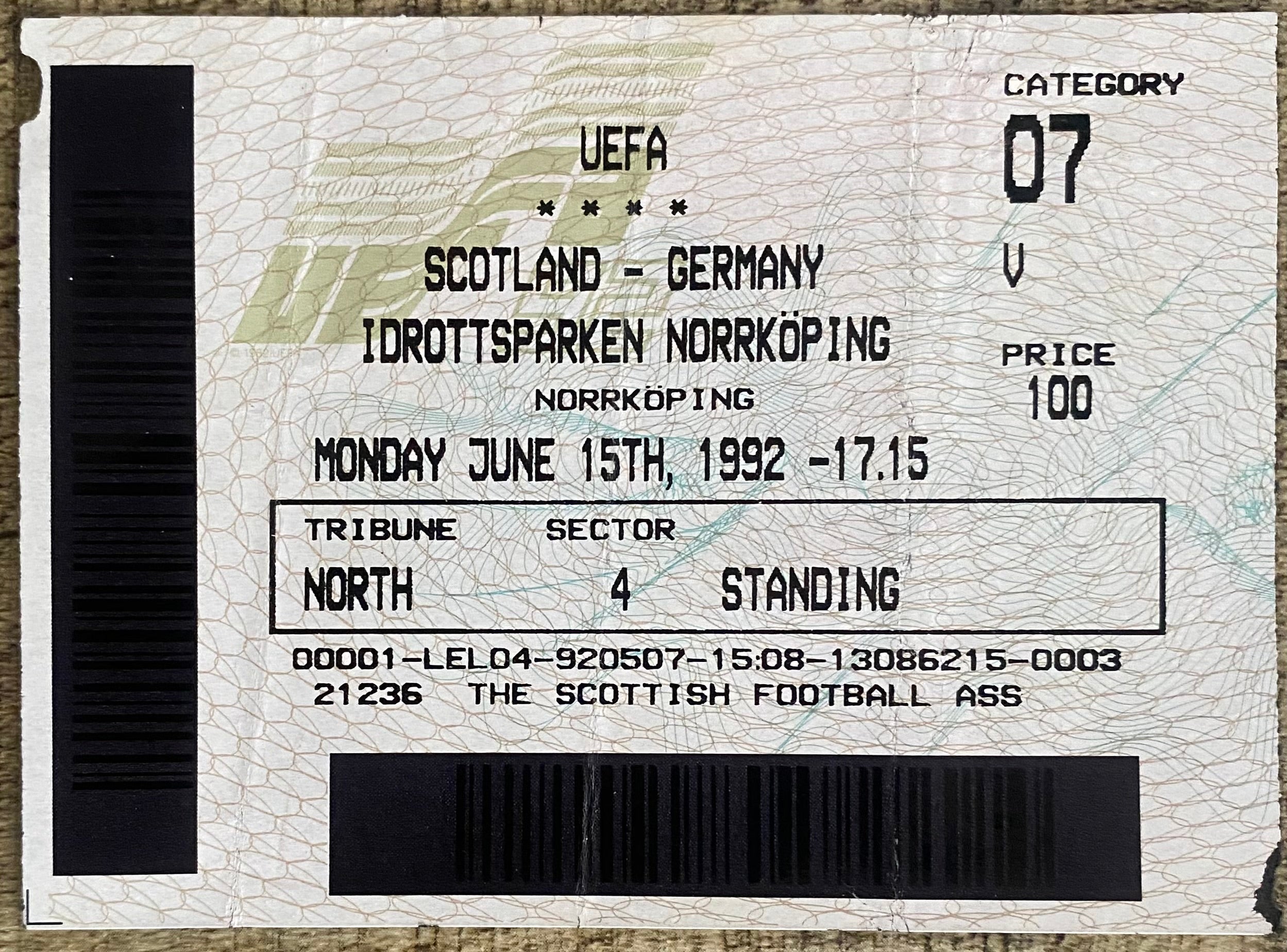 1992 ORIGINAL EURO 92 TICKET SCOTLAND V GERMANY @ NORRKOPING