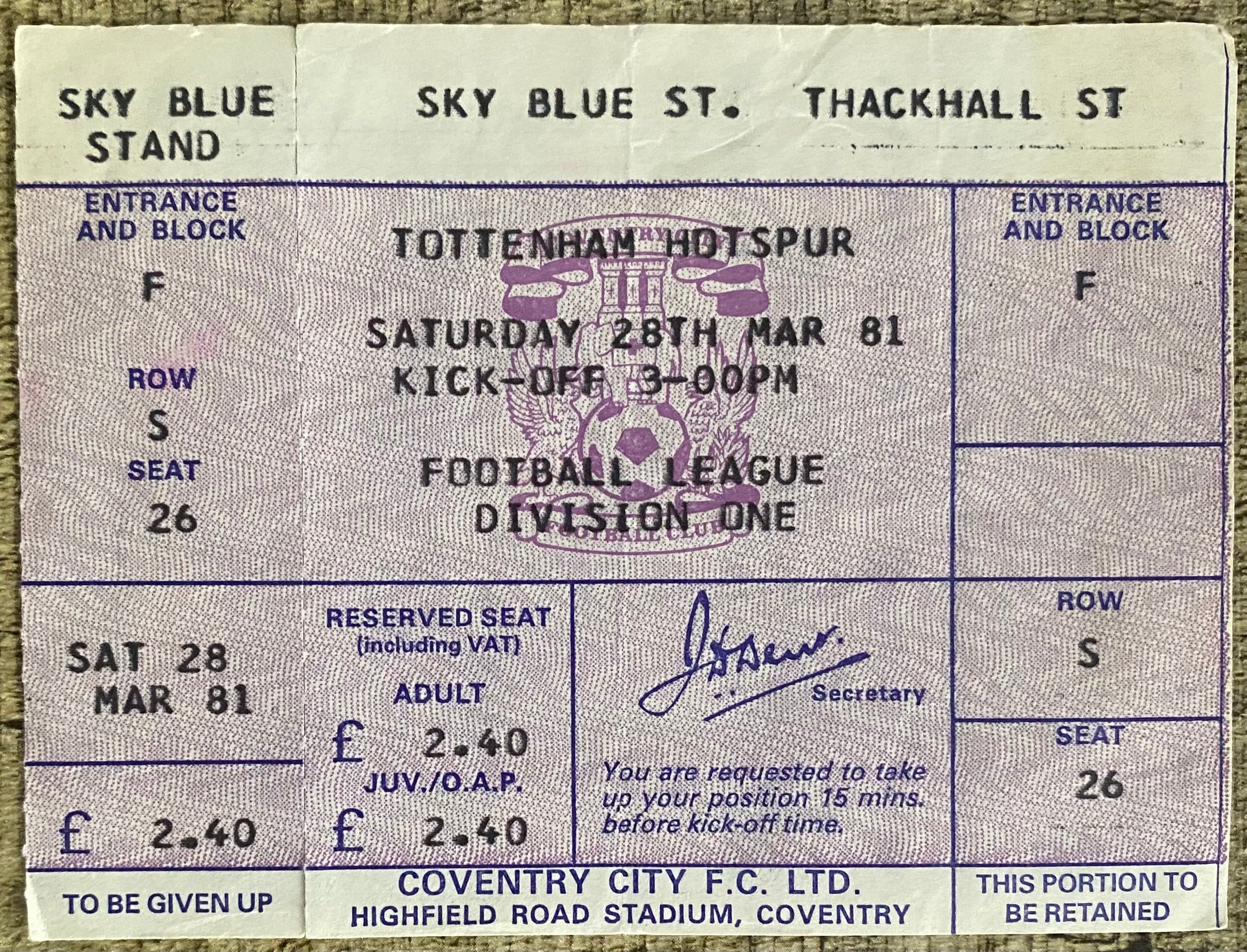 1980/81 ORIGINAL DIVISION ONE UNUSED TICKET COVENTRY CITY V TOTTENHAM HOTSPUR