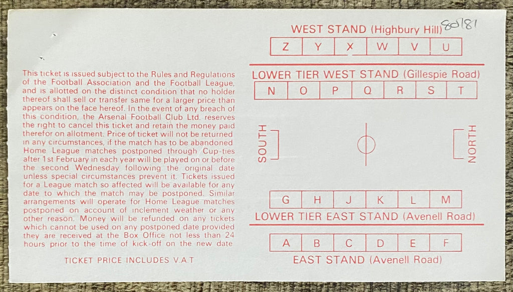 1980/81 ORIGINAL DIVISION ONE TICKET ARSENAL V CRYSTAL PALACE