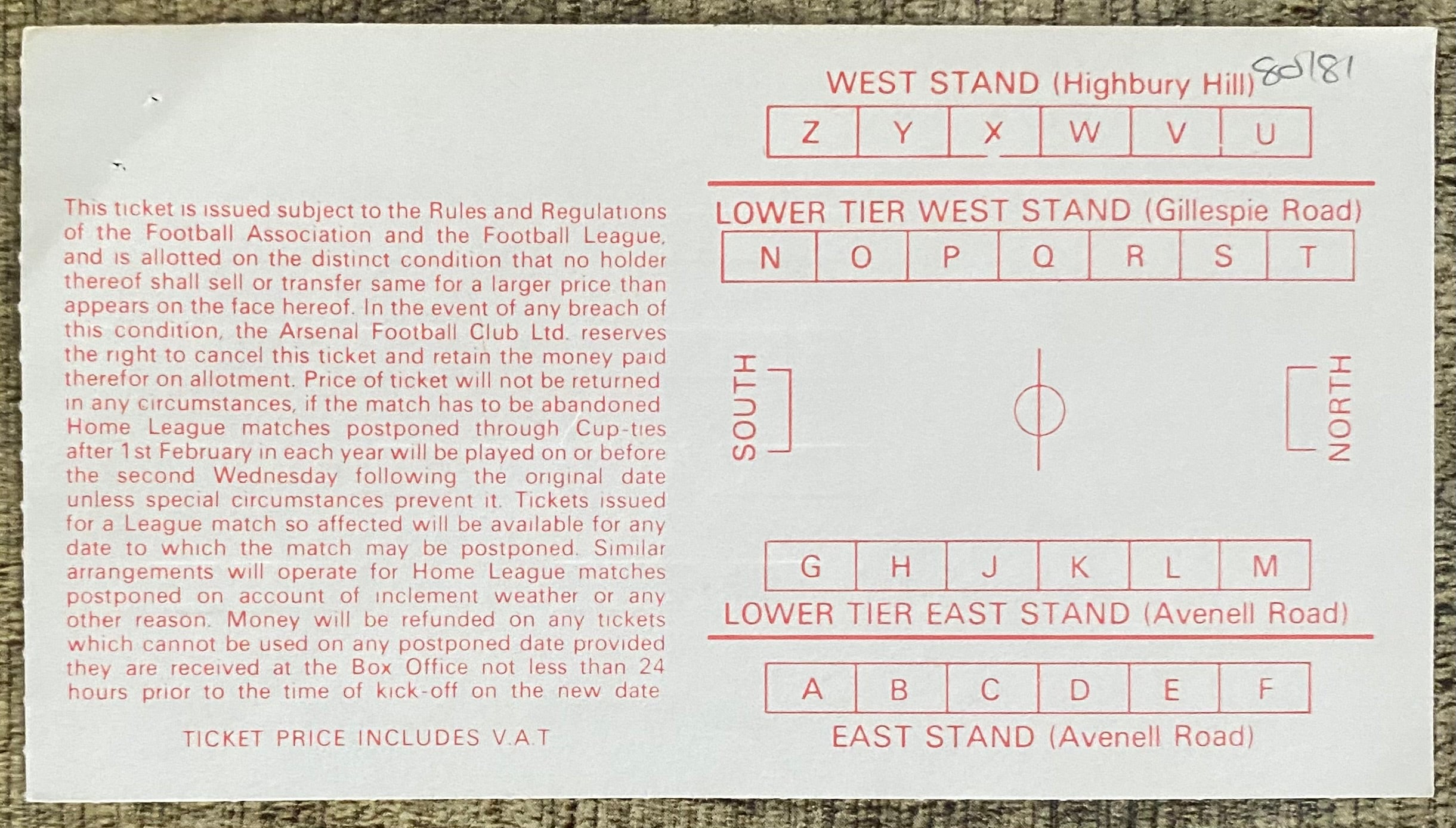 1980/81 ORIGINAL DIVISION ONE TICKET ARSENAL V CRYSTAL PALACE