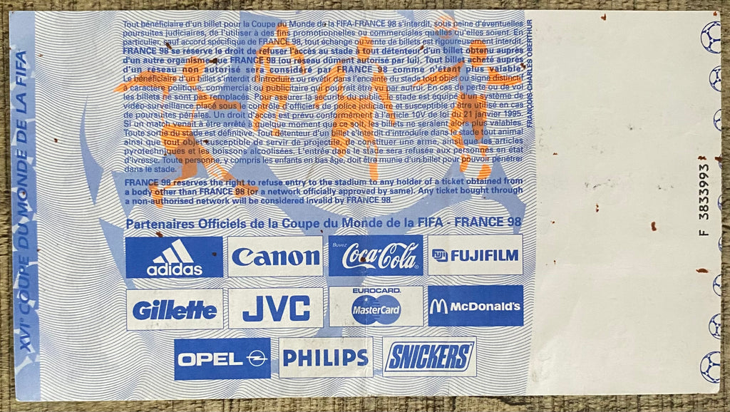 1998 ORIGINAL WORLD CUP 1ST ROUND TICKET ENGLAND V TUNISIA @ MARSEILLE