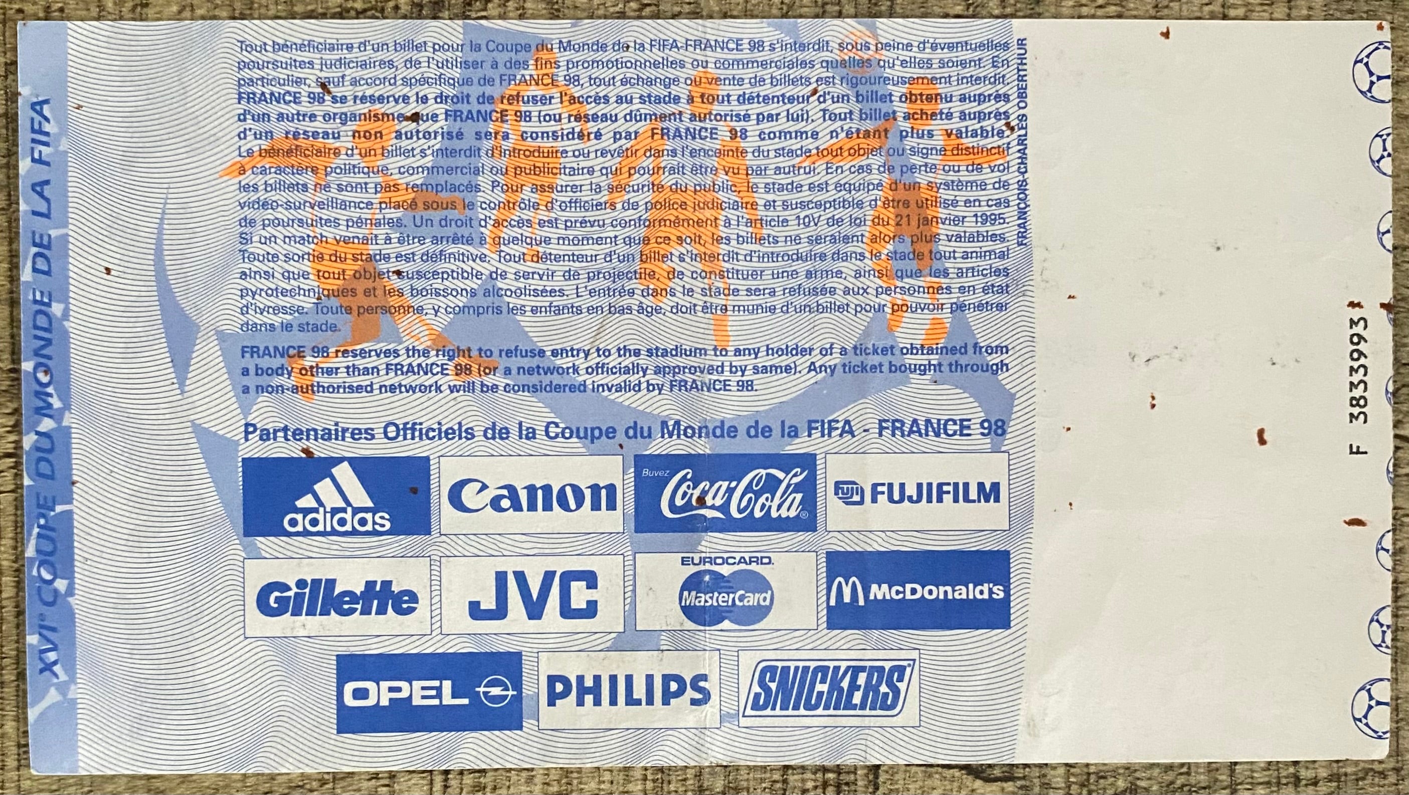 1998 ORIGINAL WORLD CUP 1ST ROUND TICKET ENGLAND V TUNISIA @ MARSEILLE