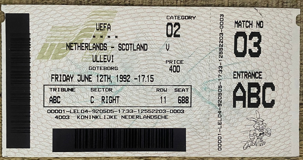 1992 ORIGINAL EURO 92 UNUSED TICKET SCOTLAND V NETHERLANDS @ GOTHENBURG