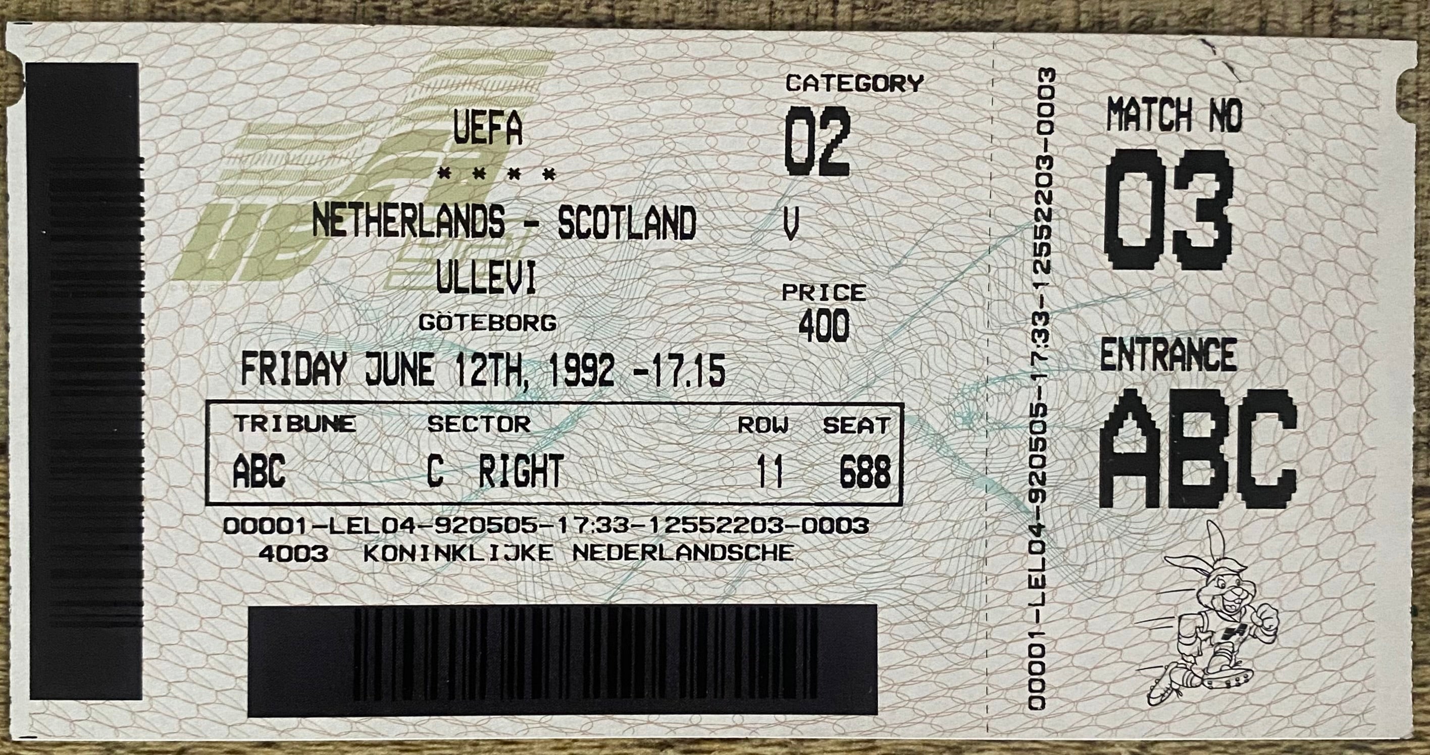 1992 ORIGINAL EURO 92 UNUSED TICKET SCOTLAND V NETHERLANDS @ GOTHENBURG