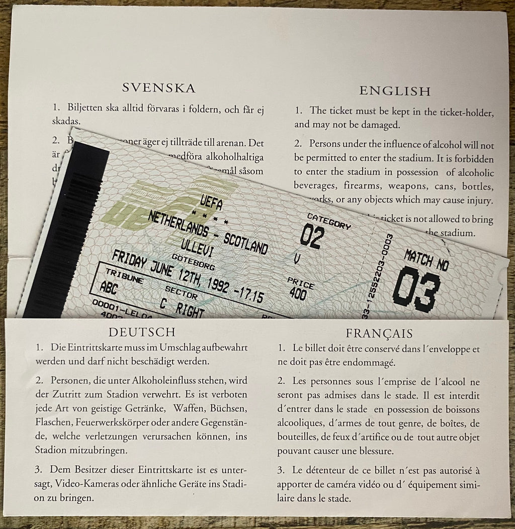 1992 ORIGINAL EURO 92 UNUSED TICKET SCOTLAND V NETHERLANDS @ GOTHENBURG