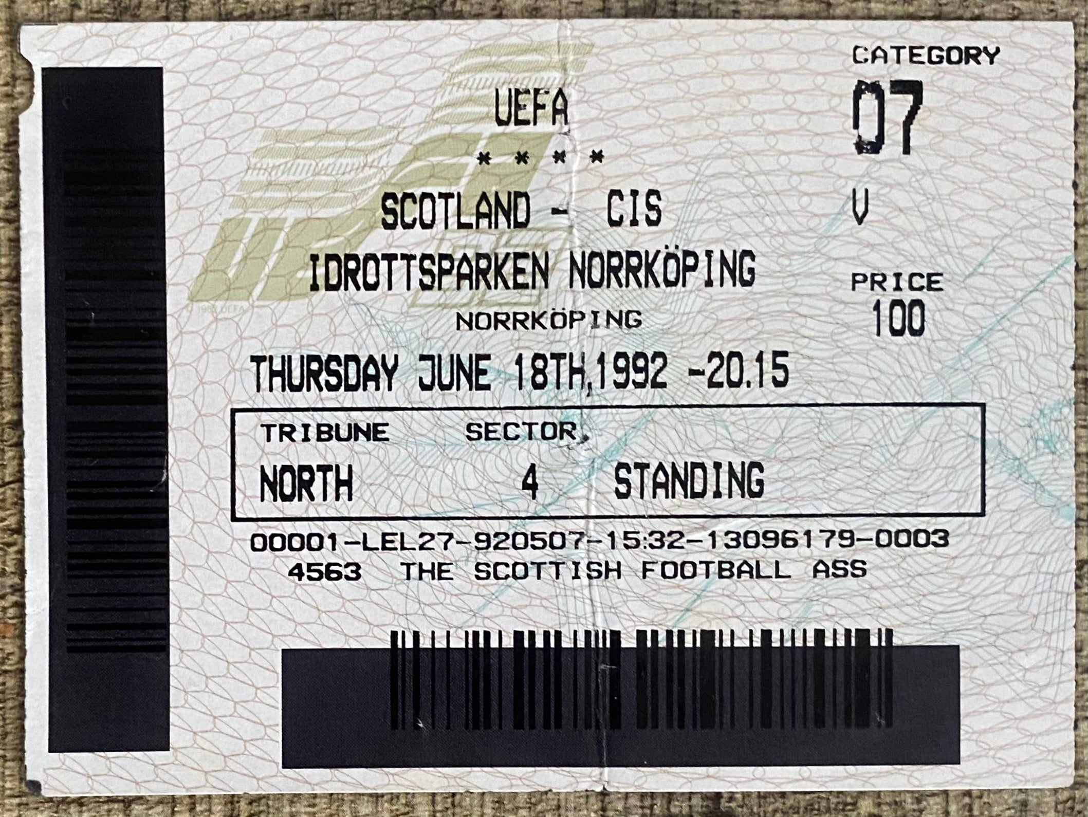 1992 ORIGINAL EURO 92 TICKET SCOTLAND V C.I.S @ NORRKOPING