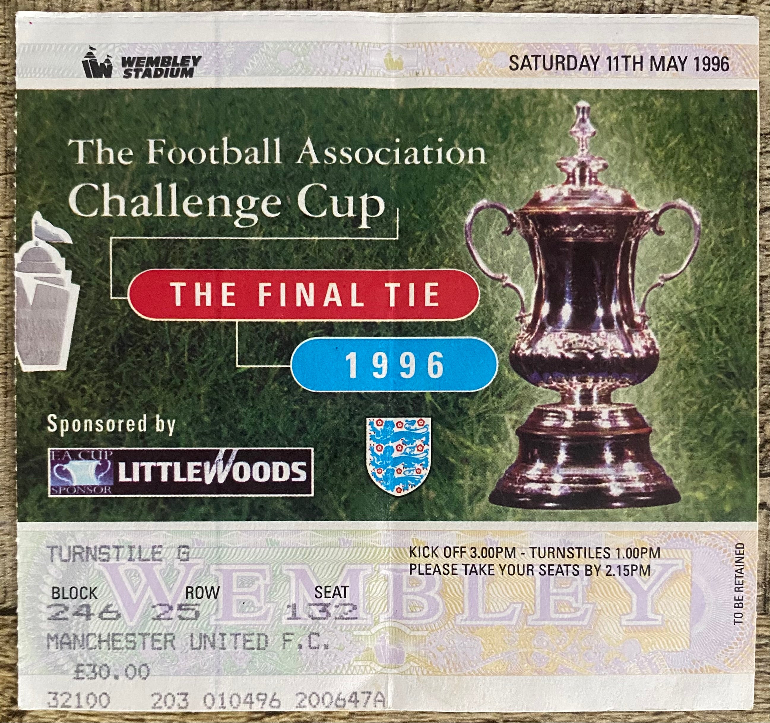 1996 ORIGINAL FA CUP FINAL TICKET MANCHESTER UNITED V LIVERPOOL