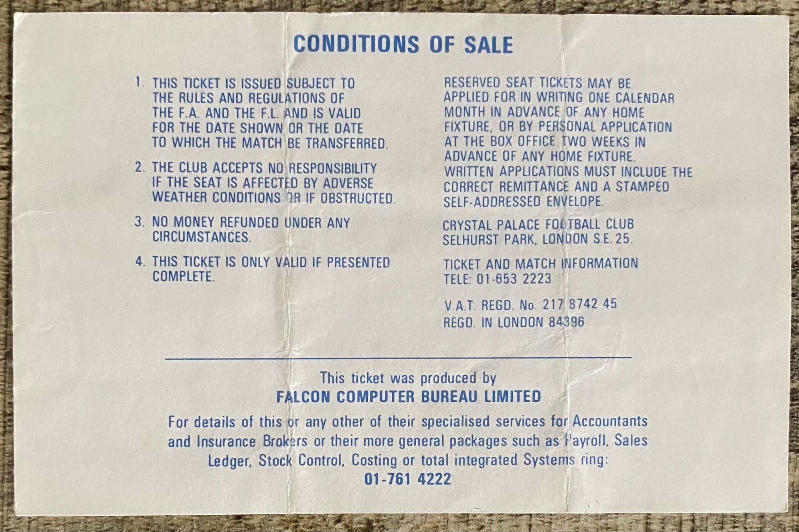 1980/81 ORIGINAL DIVISION ONE TICKET CRYSTAL PALACE V ARSENAL